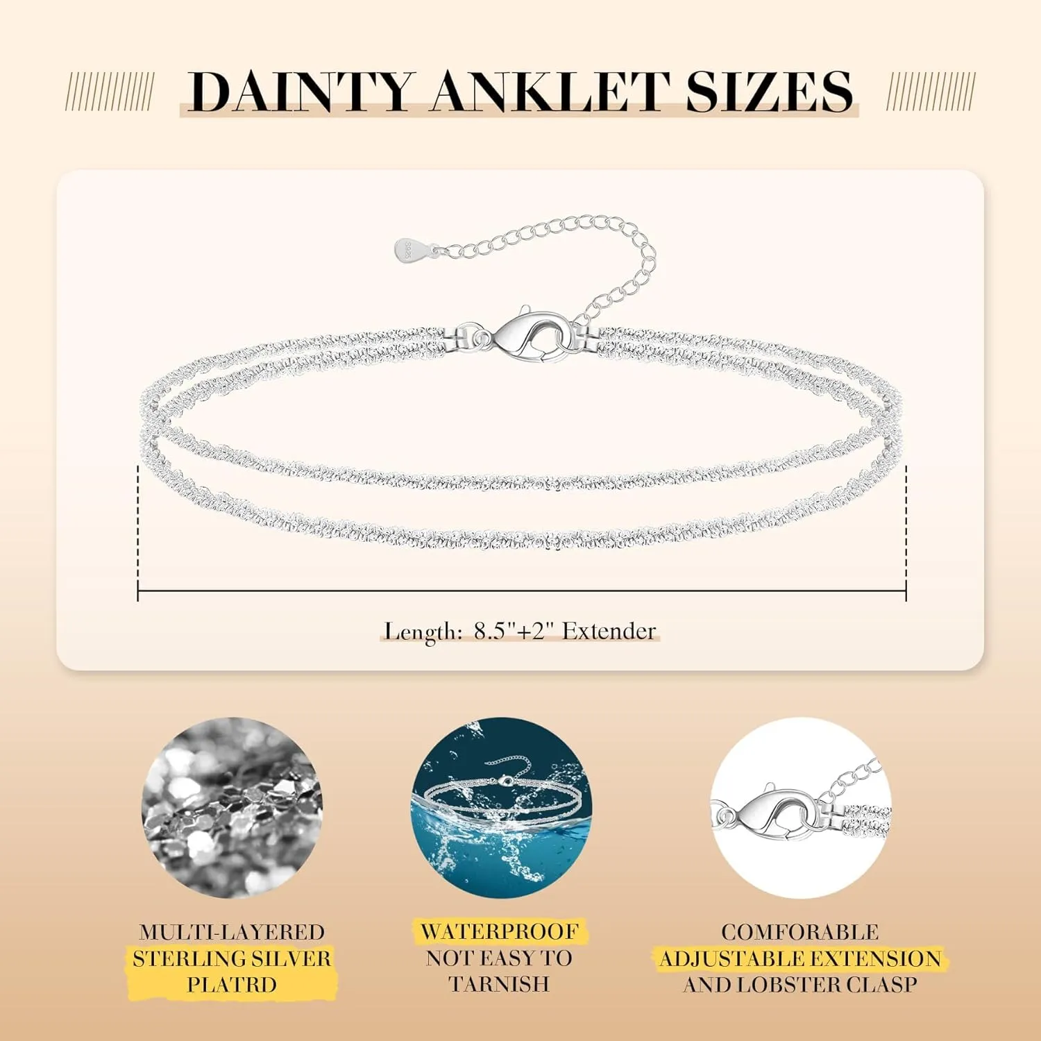 Sterling Silver Ankle Bracelets for Women,Gold Dainty Layered Waterproof Anklet for Women Adjustable, Womens Anklet Set Stackable Plus Size