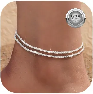 Sterling Silver Ankle Bracelets for Women,Gold Dainty Layered Waterproof Anklet for Women Adjustable, Womens Anklet Set Stackable Plus Size