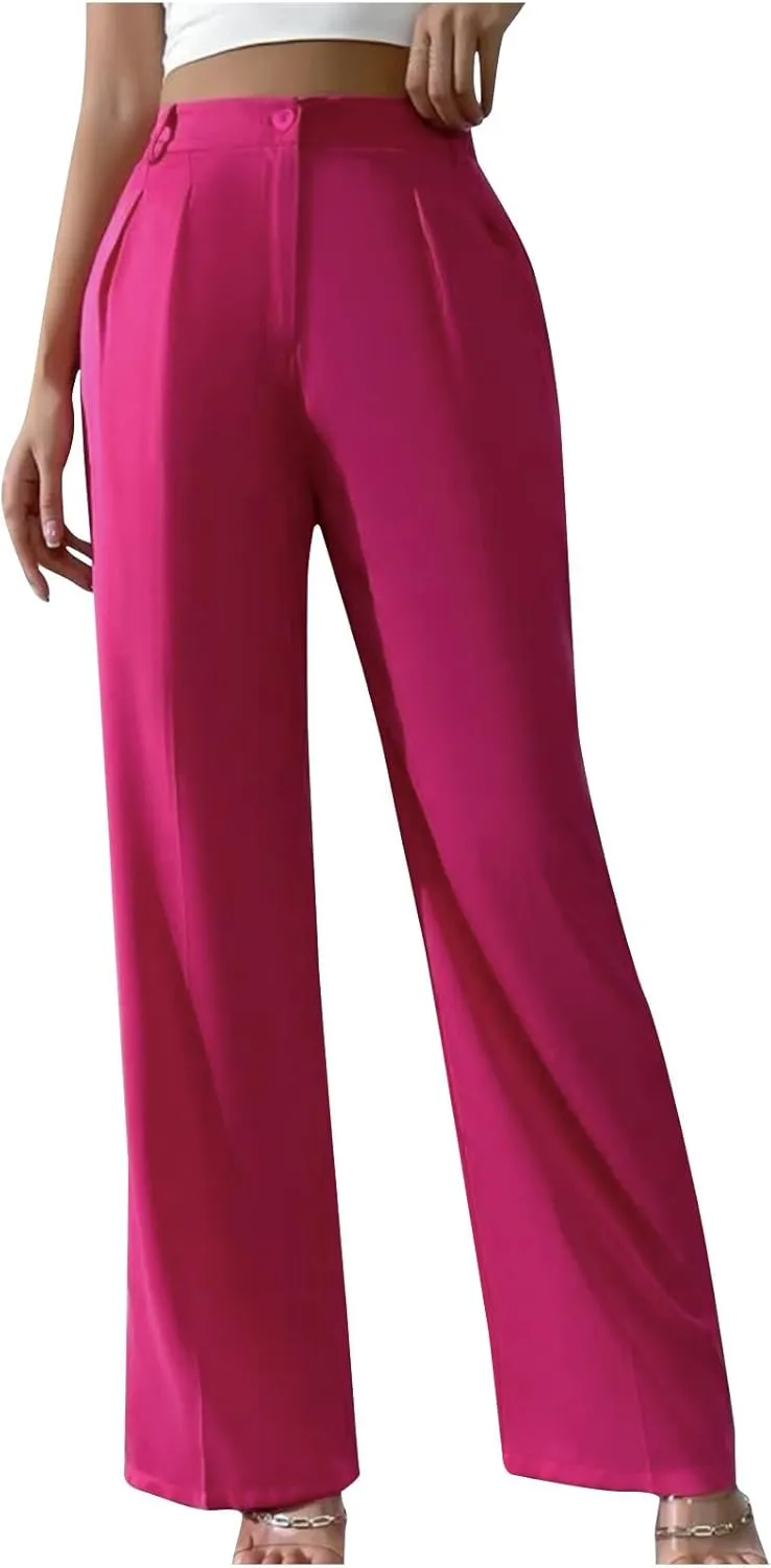 Straight Leg Dress Pants for Women Solid Color Pleated Palazzo Pants Stylish Casual High Waist Button Work Trousers
