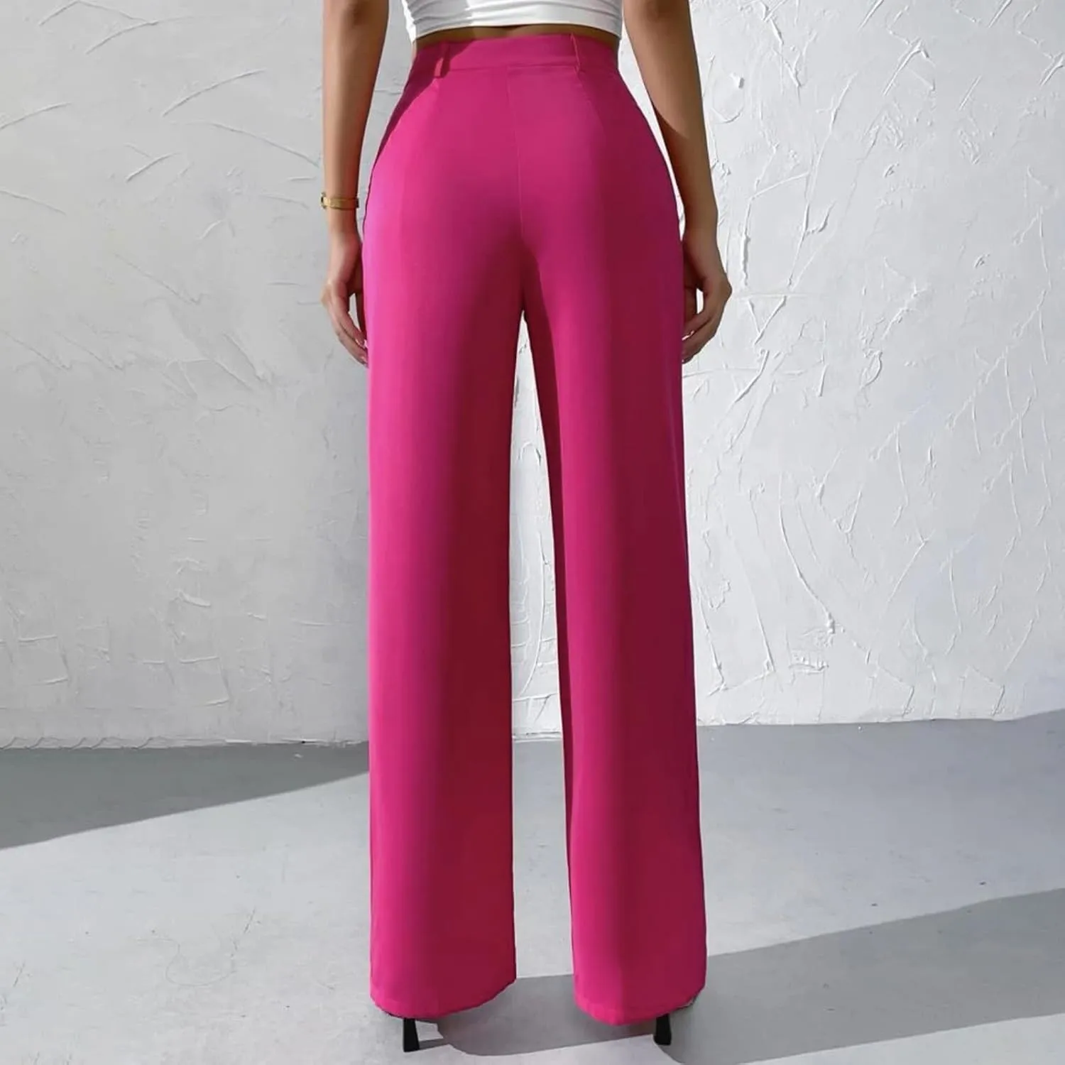 Straight Leg Dress Pants for Women Solid Color Pleated Palazzo Pants Stylish Casual High Waist Button Work Trousers