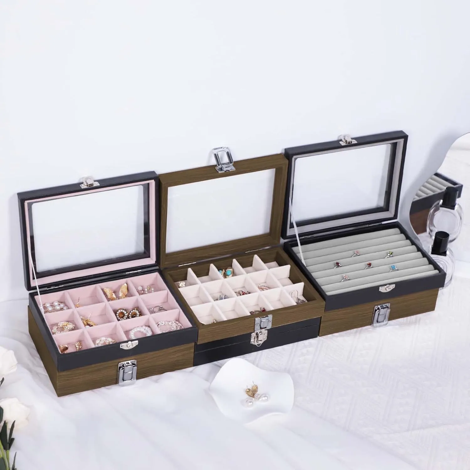 Stratalife Jewelry Organizer Box with 15 Detachable Slots Earring Holder for Women & Girls Velvet Lined Earring Storage Case Compact Jewelry Box for Earrings Rings and Charms Wood Beige