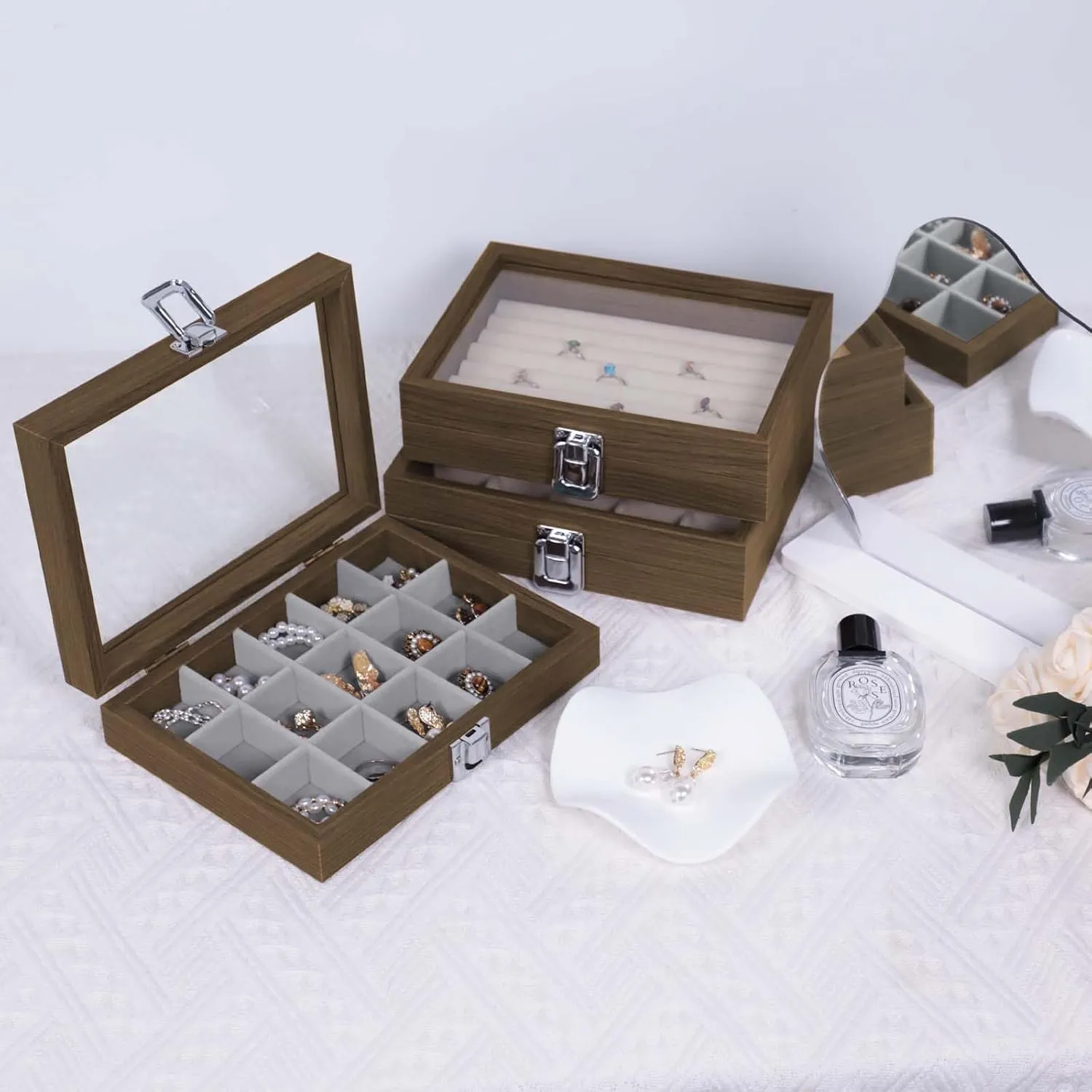 Stratalife Jewelry Organizer Box with 15 Detachable Slots Earring Holder for Women & Girls Velvet Lined Earring Storage Case Compact Jewelry Box for Earrings Rings and Charms Wood Beige