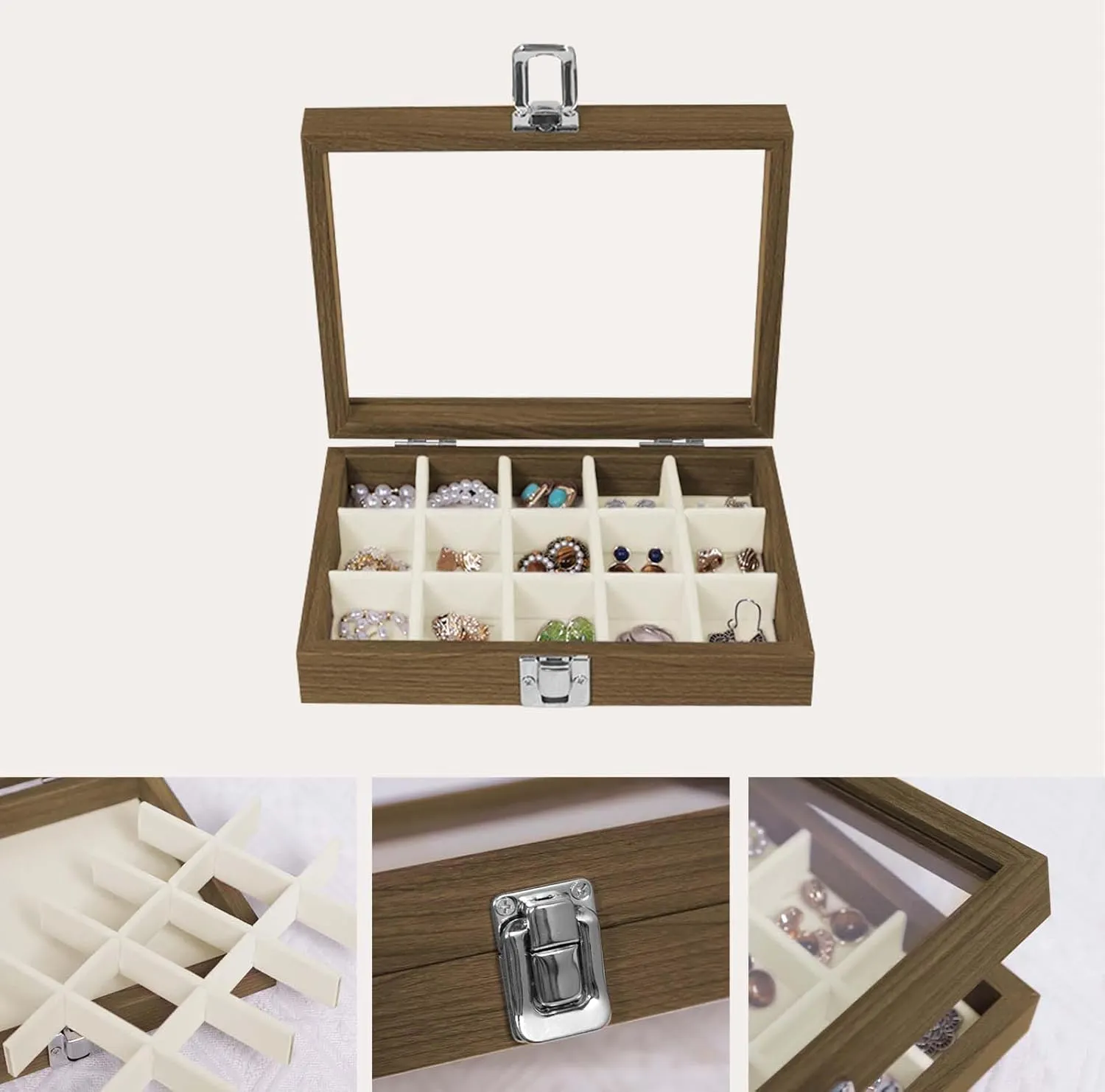 Stratalife Jewelry Organizer Box with 15 Detachable Slots Earring Holder for Women & Girls Velvet Lined Earring Storage Case Compact Jewelry Box for Earrings Rings and Charms Wood Beige