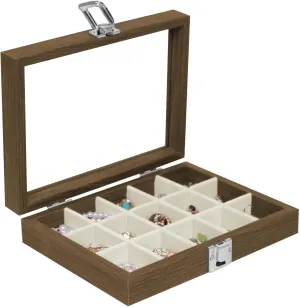 Stratalife Jewelry Organizer Box with 15 Detachable Slots Earring Holder for Women & Girls Velvet Lined Earring Storage Case Compact Jewelry Box for Earrings Rings and Charms Wood Beige