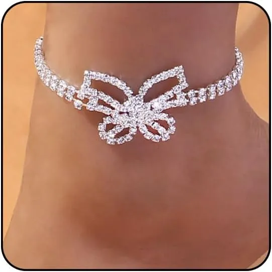 Stretch Ankle Bracelets for Women Waterproof Beaded Anklets for Women Large Ankle Elastic Cross Starfish Seashell Star Heart Anklets for Women Boho Beach Anklets Plus Size Ankle Bracelet Summer Jewelry (Style J _ diamond butterfly)