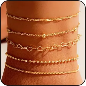 Stretch Ankle Bracelets for Women Waterproof Beaded Anklets for Women Large Ankle Elastic Cross Starfish Seashell Star Heart Anklets for Women Boho Beach Anklets Plus Size Ankle Bracelet Summer Jewelry (Style M _ gold 5 layer)