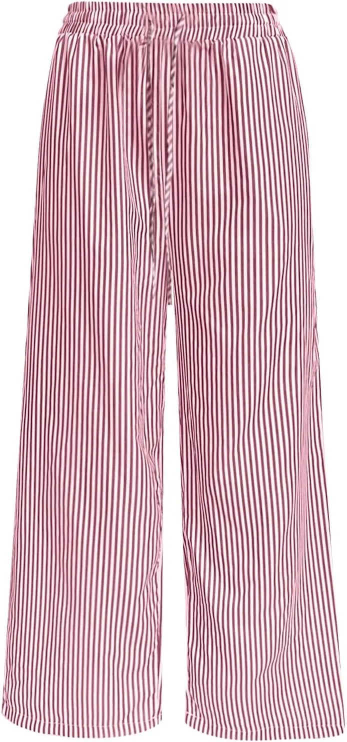 Striped Relaxed Palazzo Pants for Women Elastic Drawstring High Waist Wide Leg Pants Vintage Streetwear Trousers