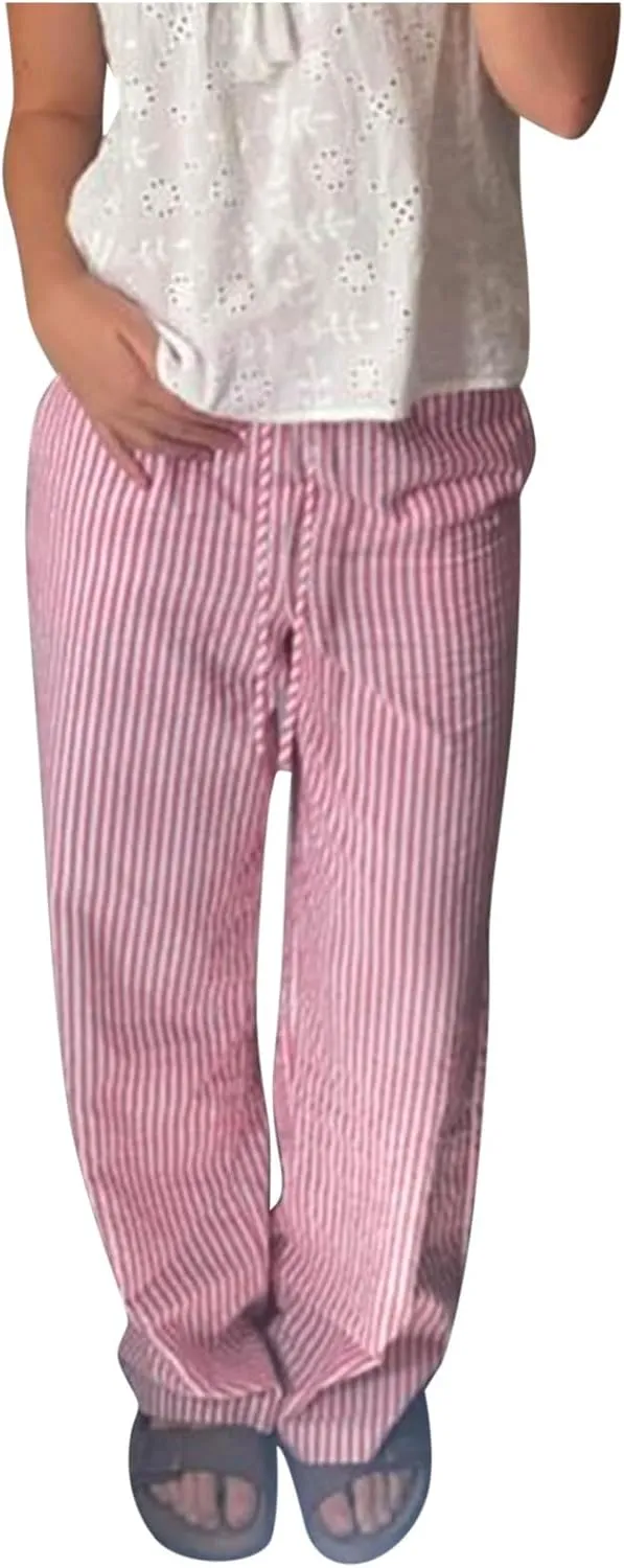Striped Relaxed Palazzo Pants for Women Elastic Drawstring High Waist Wide Leg Pants Vintage Streetwear Trousers