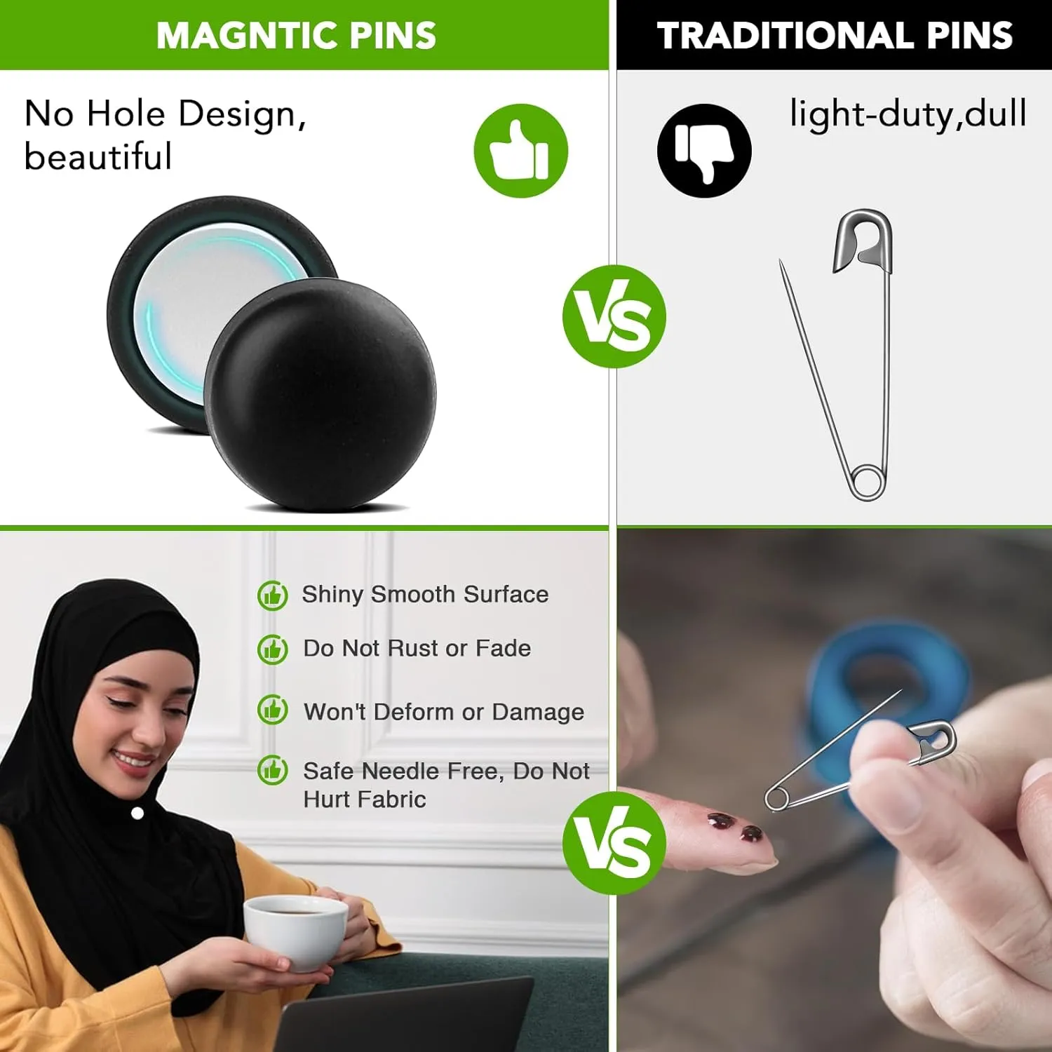 Strong Magnetic Hijab Pins, 4 Pack Powerful Hijab Magnets Multi-Purpose Pinless Hijab Magnetic Pins, Colorful Magnet Pin Scarf Magnetic Pin No-Snag Button Brooch Clasp for Clothing Dress Scarves