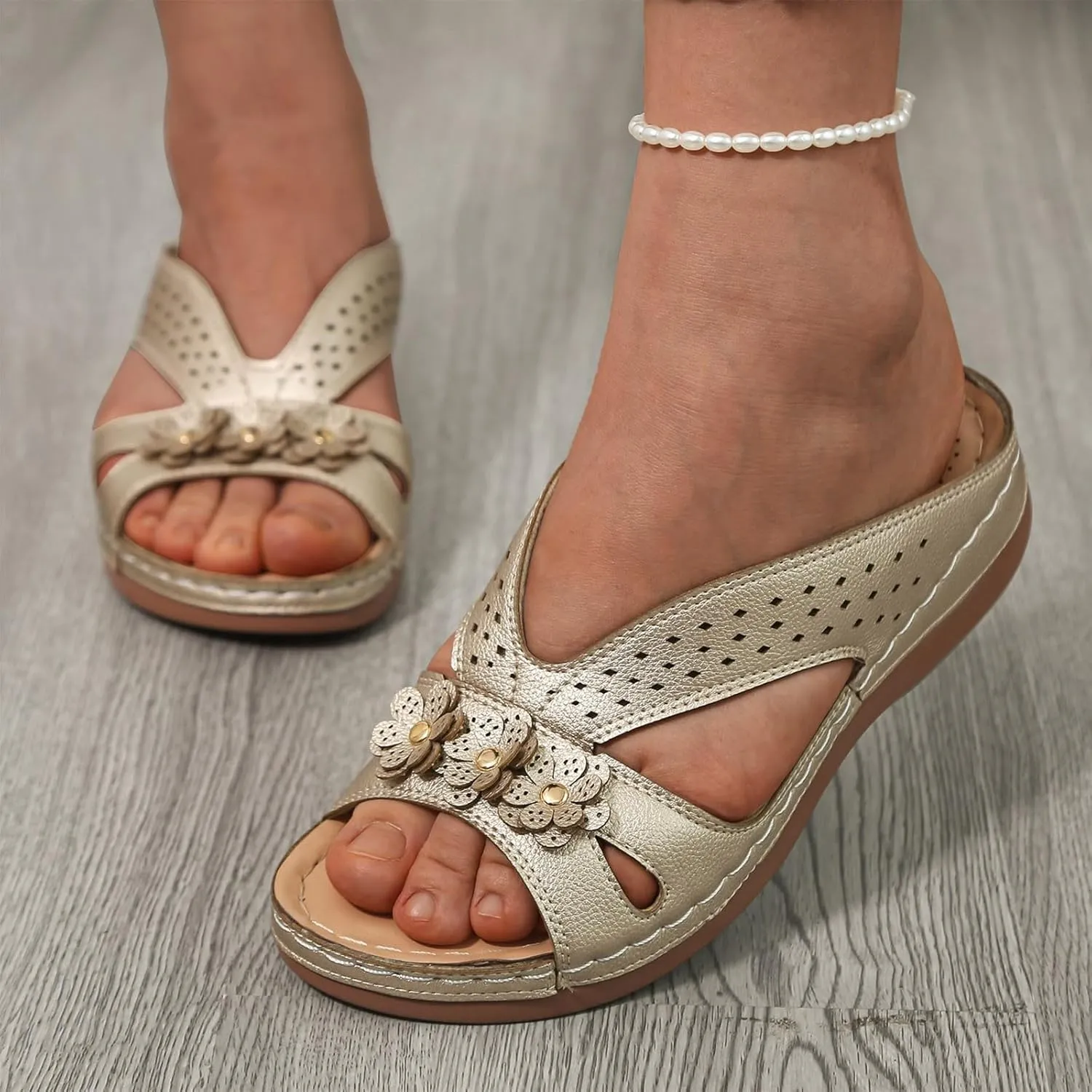 SuanlaTDS Orthopedic Sandals for Women 2025 Dressy Summer Comfortable Wedge Orthotic Walking Slippers with Arch Support Outdoor Flat Slip-on Beach Travel Boho Platform Low Heel Slide Sandal