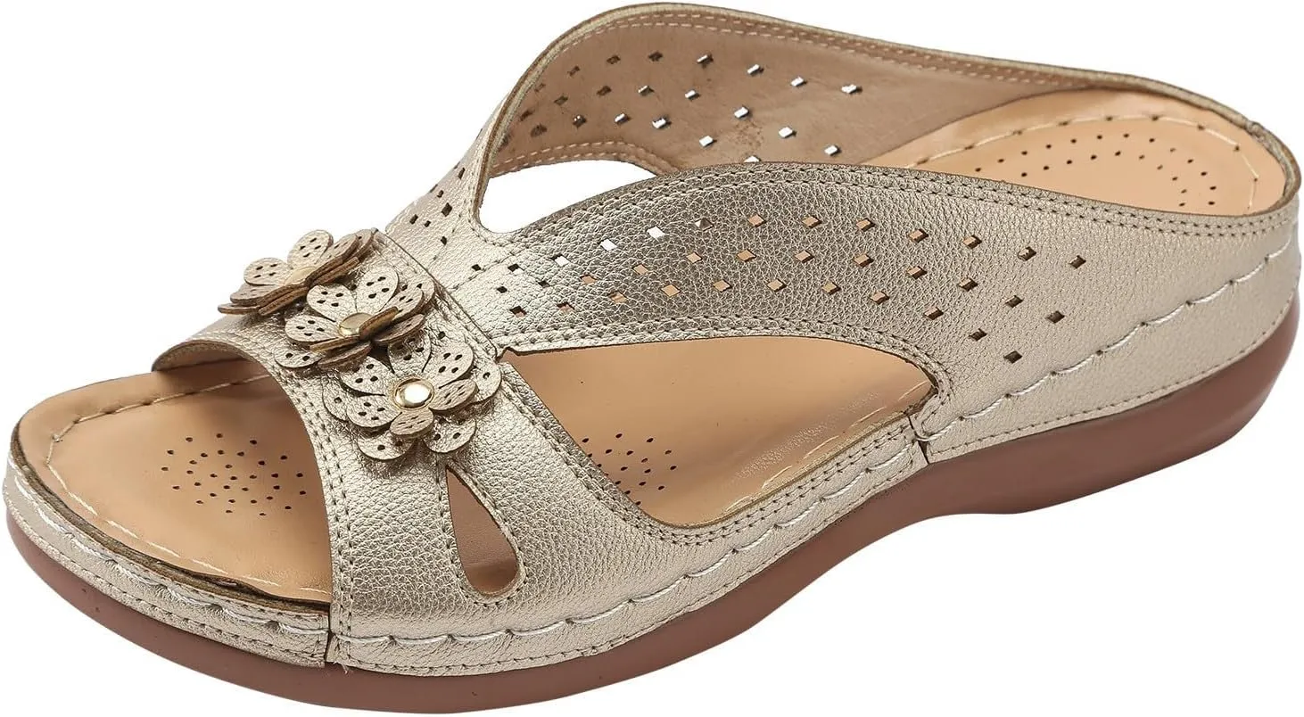 SuanlaTDS Orthopedic Sandals for Women 2025 Dressy Summer Comfortable Wedge Orthotic Walking Slippers with Arch Support Outdoor Flat Slip-on Beach Travel Boho Platform Low Heel Slide Sandal