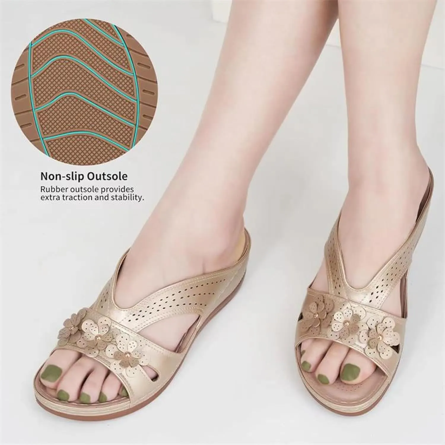 SuanlaTDS Orthopedic Sandals for Women 2025 Dressy Summer Comfortable Wedge Orthotic Walking Slippers with Arch Support Outdoor Flat Slip-on Beach Travel Boho Platform Low Heel Slide Sandal