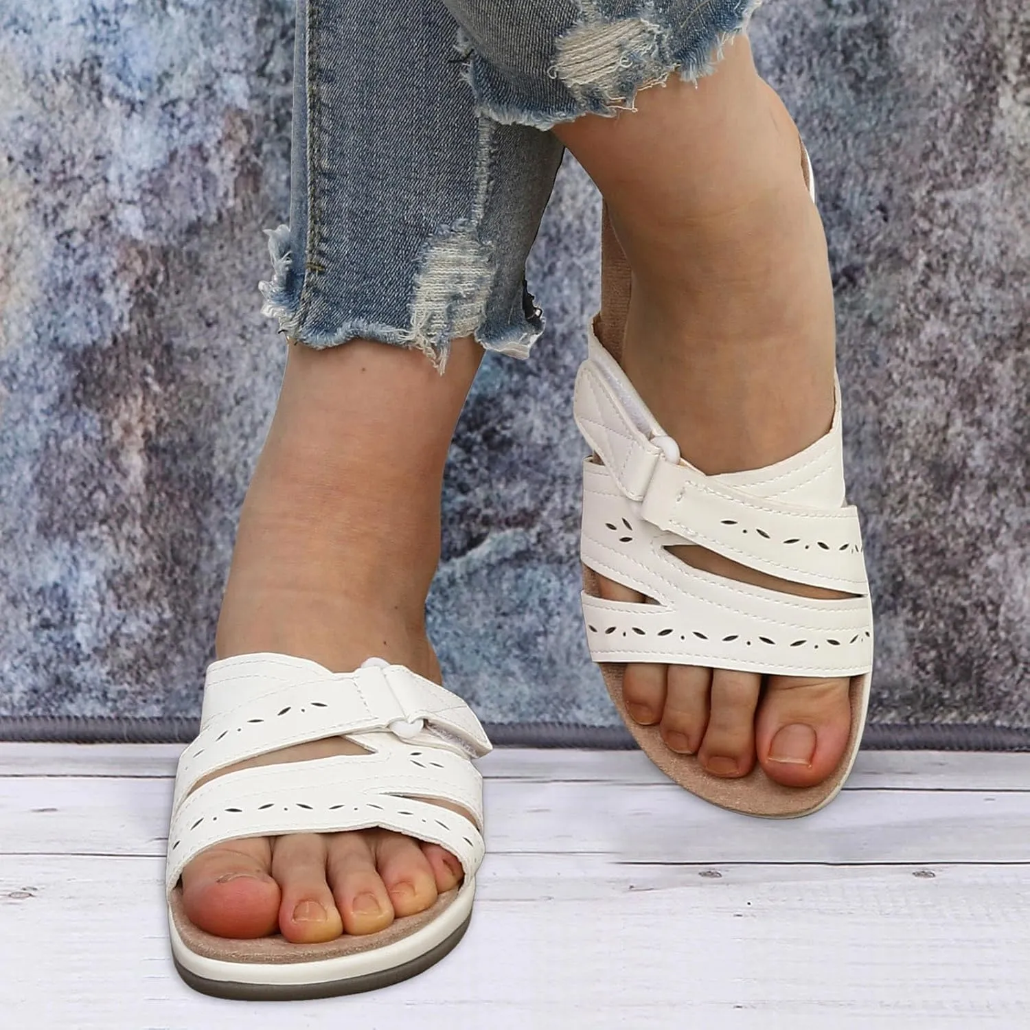 SuanlaTDS Orthopedic Sandals for Women 2025 Summer Dressy Platform Slip-on Slides Crisscross Adjustable Open Toe Arch Support Thick Sole Low Wedges Slippers Beach Comfortable Outdoor Shoes