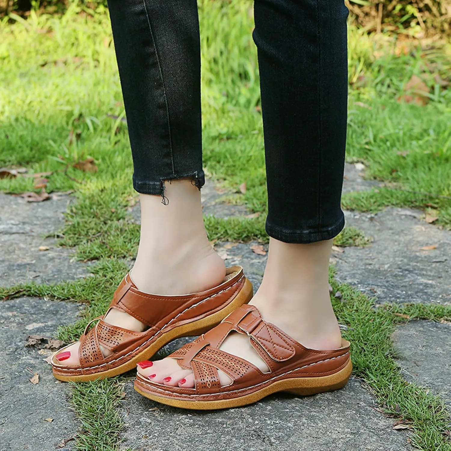 SuanlaTDS Orthopedic Sandals for Women Wedge Summer Dressy Comfortable Arch Support Slip On Platform Beach Walking Shoes 2025 Outdoor Open Toe Low Heels Boho Party Slide Sandal Slippers