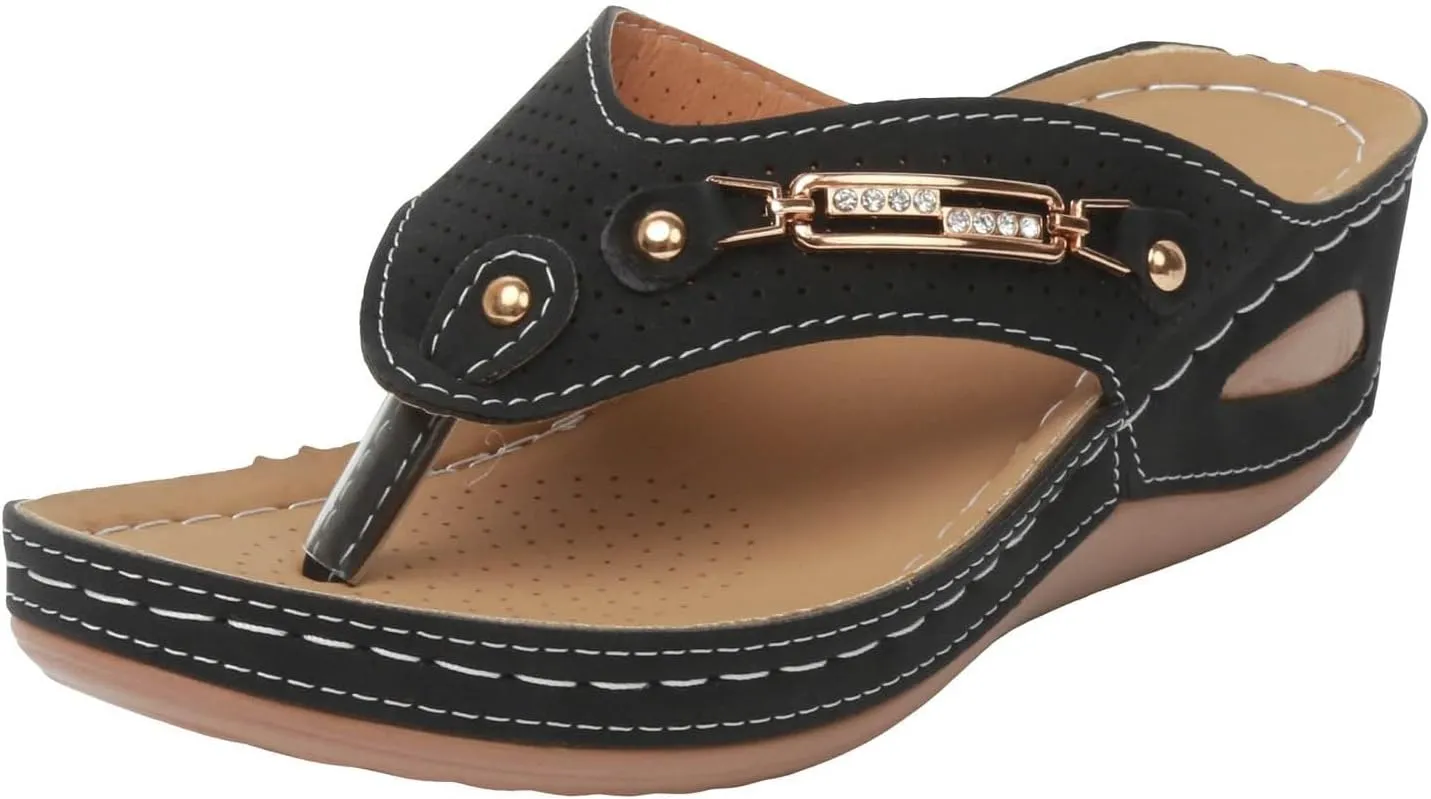 SuanlaTDS Orthopedic Sandals for Women, Women Summer Comfortable Wedge Flip Flops with Arch Support Platform Wide Width Open Toe Slip On Slide Sandals Outdoor Beach Walking Shoes