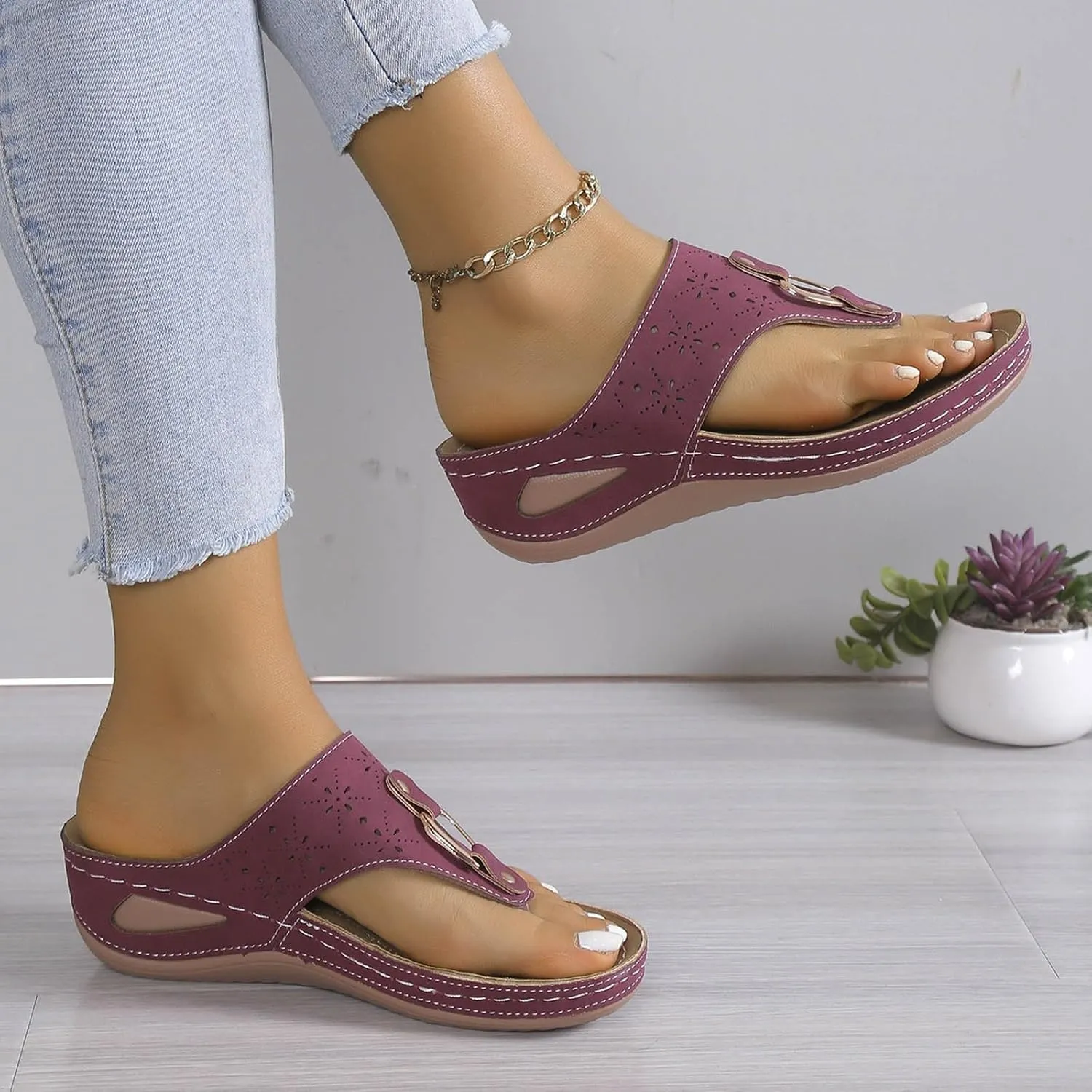 SuanlaTDS Orthopedic Wedge Flip Flops Sandals for Women Summer Dressy Open Toe Platform Arch Support Slippers 2025 Comfortable Slip On Slides Beach Shoes Low Heels Outdoor Walking Sandal