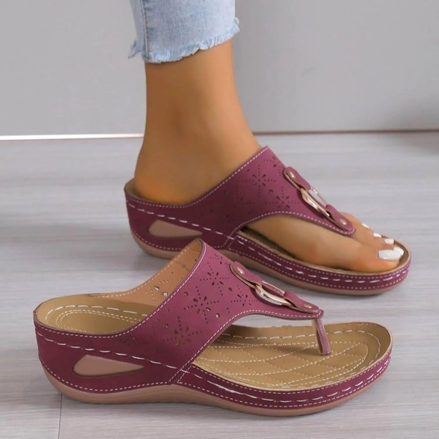 SuanlaTDS Orthopedic Wedge Flip Flops Sandals for Women Summer Dressy Open Toe Platform Arch Support Slippers 2025 Comfortable Slip On Slides Beach Shoes Low Heels Outdoor Walking Sandal