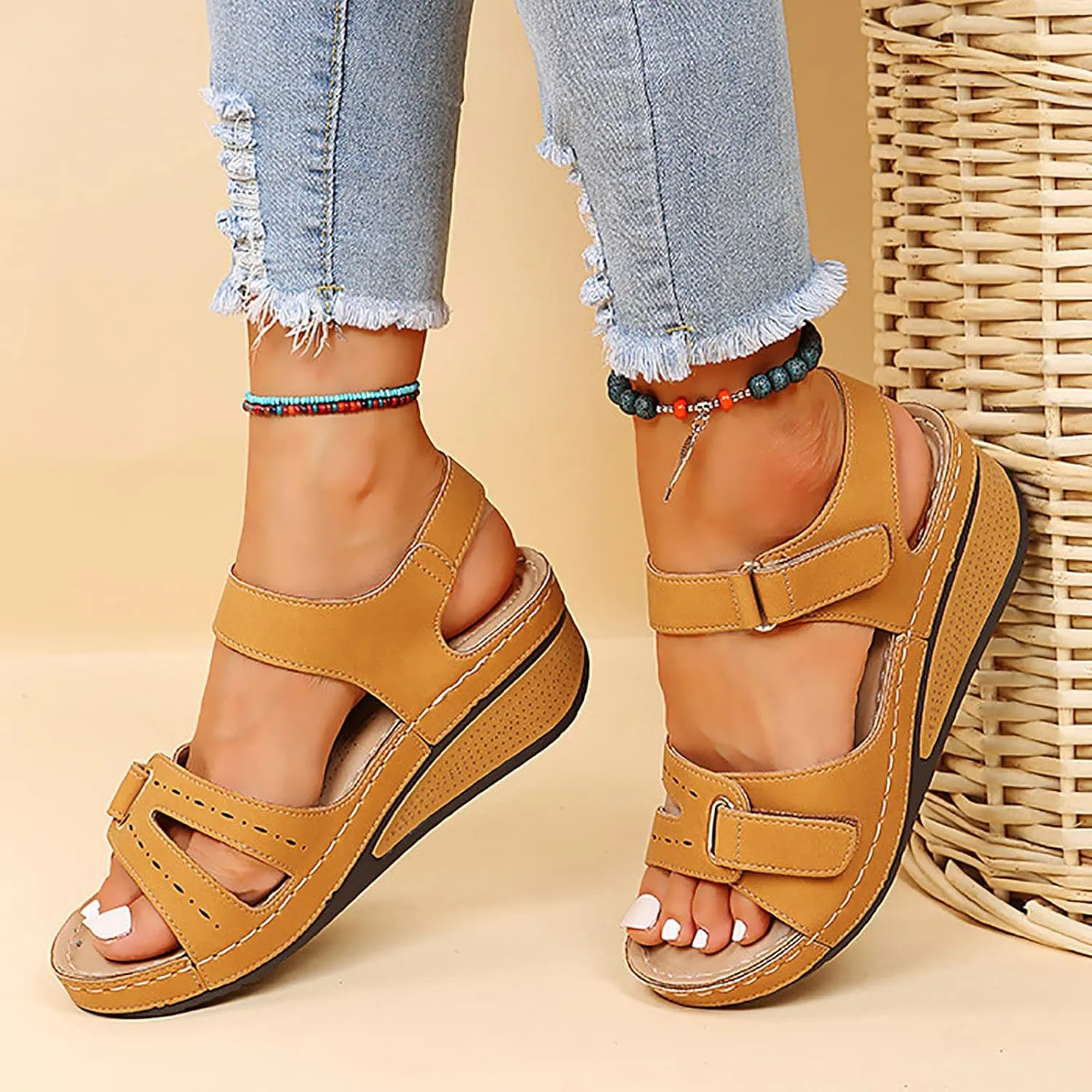SuanlaTDS Orthopedic Wedge Sandals for Women 2025 Open Toe Adjustable Ankle Strap Platform Casual Daily Wear Work Shoes Low Heel Wedges Dressy Summer Beach Dress Comfortable Outdoor Sandal