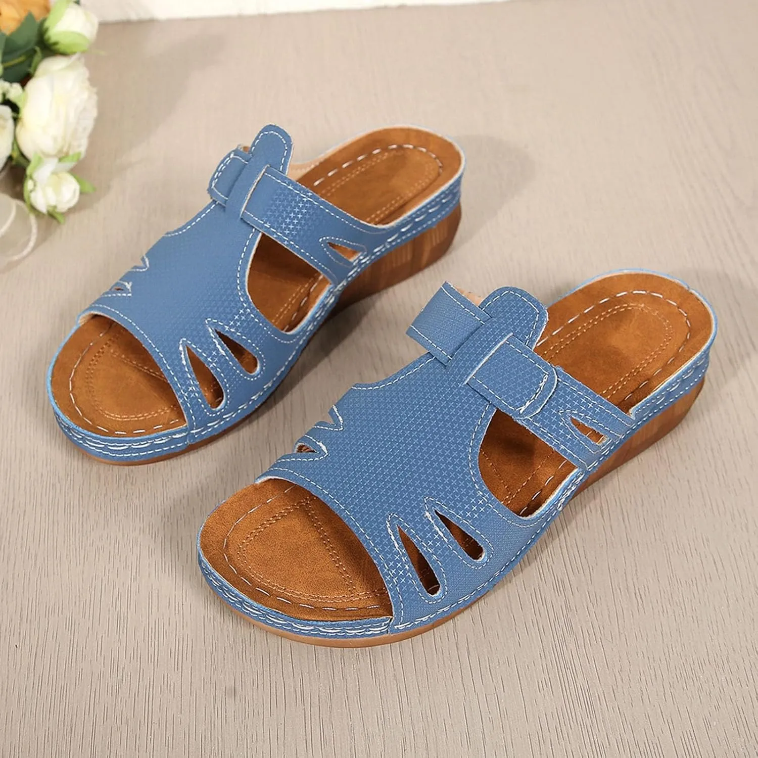 SuanlaTDS Platform Sandals for Women Wedge Comfortable Orthopedic Shoes Dressy Summer Casual Outdoor Walking Flat Slip On Open Toe Wedges Low Heels Slide Sandals with Arch Support