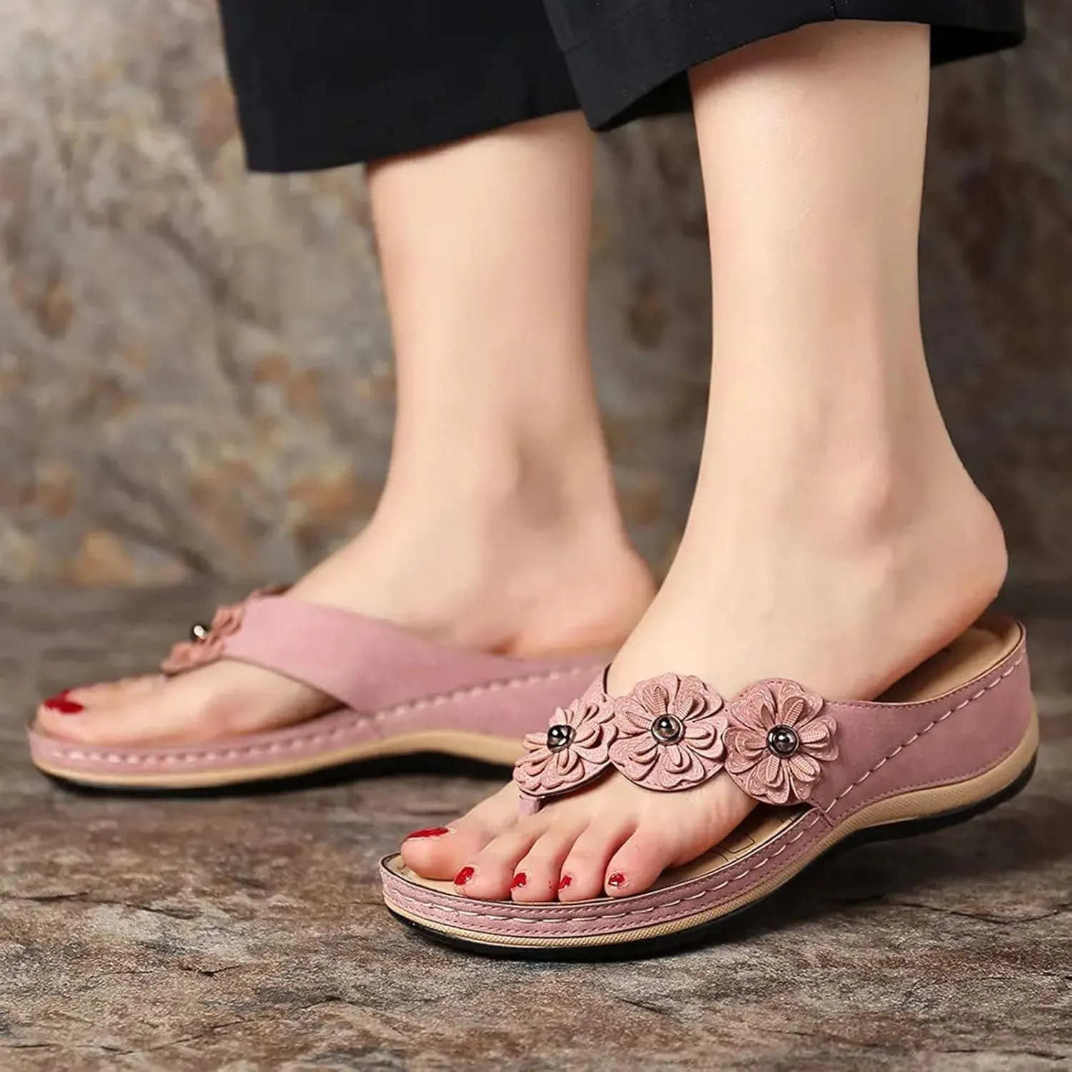 SuanlaTDS Wedge Sandals for Women Comfortable Platform Slip On Arch Support Flip Flops Orthopedic Sandals Beach Shoes Open Toe Athletic Thong Slippers Low Heels Wedges Walking Shoes