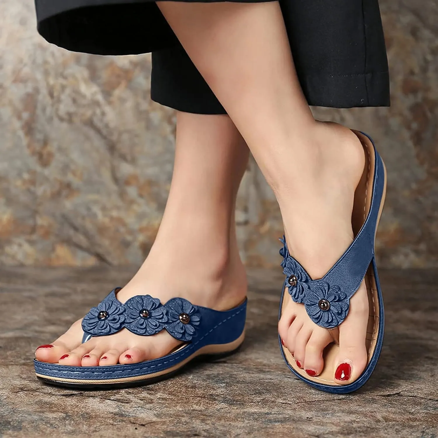 SuanlaTDS Wedge Sandals for Women Comfortable Platform Slip On Arch Support Flip Flops Orthopedic Sandals Beach Shoes Open Toe Athletic Thong Slippers Low Heels Wedges Walking Shoes