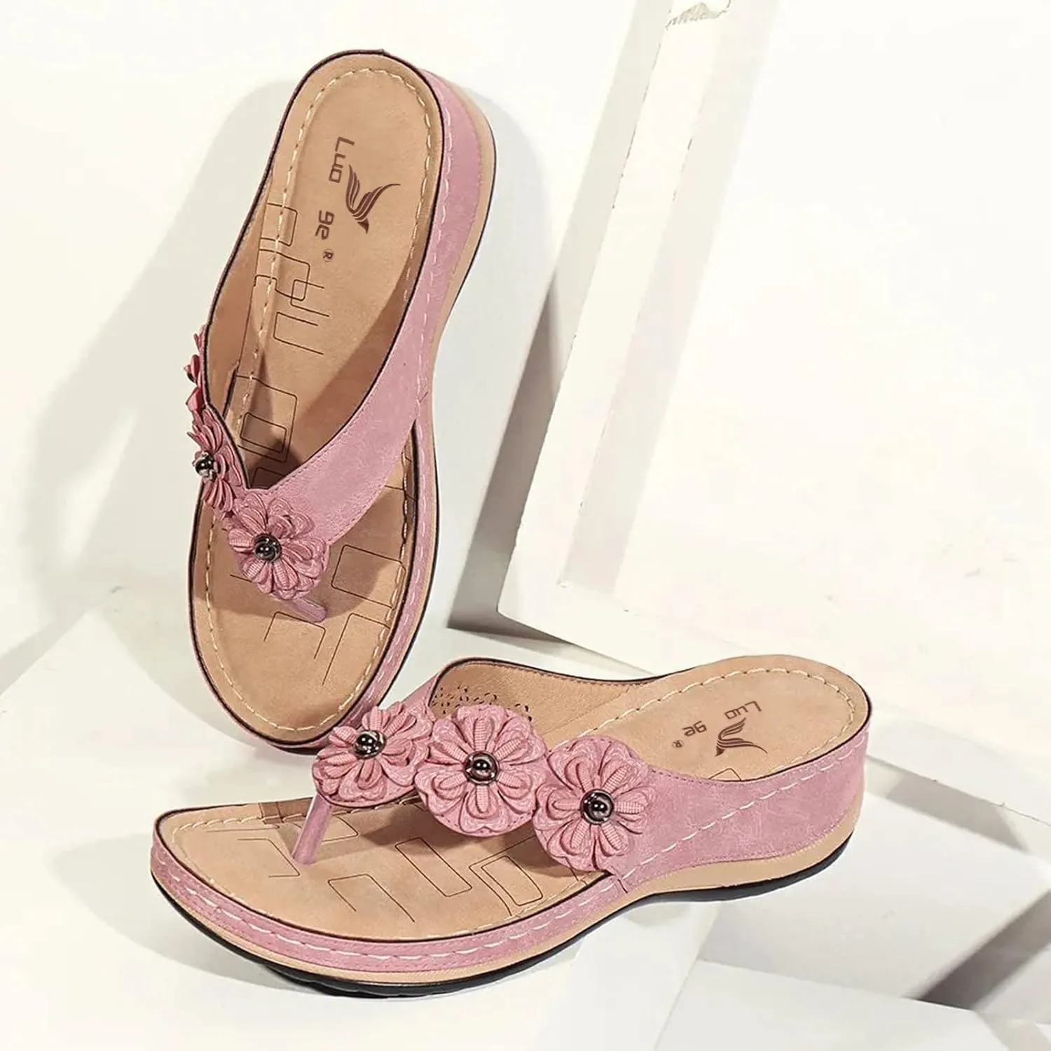 SuanlaTDS Wedge Sandals for Women Comfortable Platform Slip On Arch Support Flip Flops Orthopedic Sandals Beach Shoes Open Toe Athletic Thong Slippers Low Heels Wedges Walking Shoes
