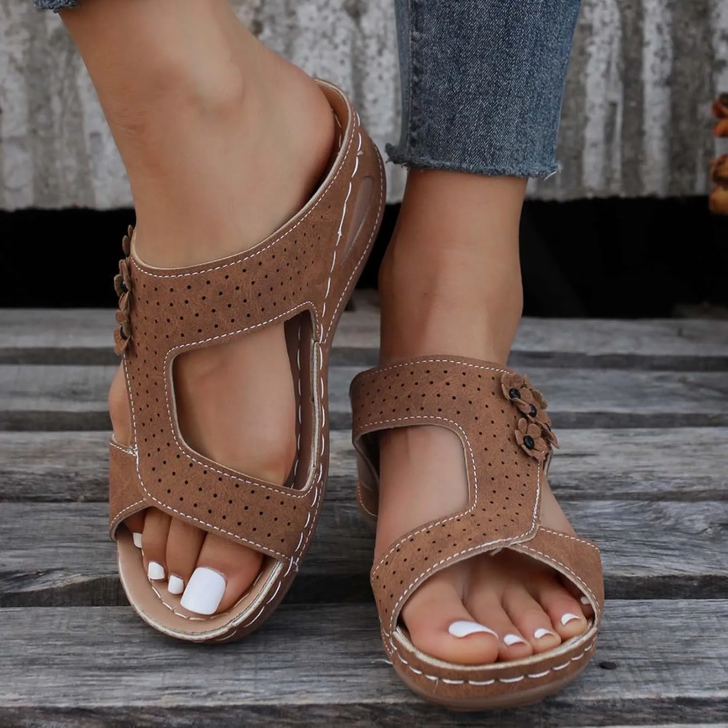 SuanlaTDS Wedge Sandals for Women Dressy Comfortable Summer Platform Slip On Slides Orthopedic Sandals with Arch Support Casual Beach Walking Shoes Open Toe Mid Heels Wedges Sandals