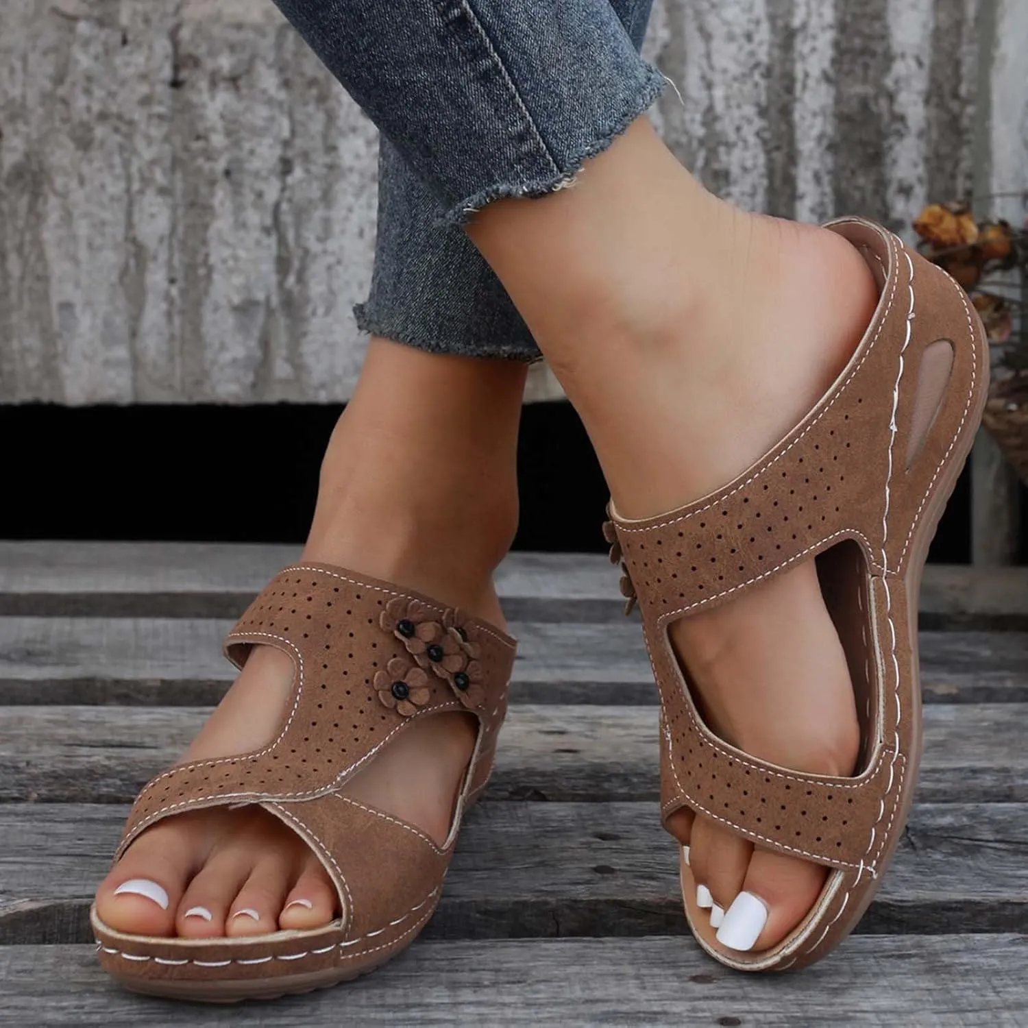 SuanlaTDS Wedge Sandals for Women Dressy Comfortable Summer Platform Slip On Slides Orthopedic Sandals with Arch Support Casual Beach Walking Shoes Open Toe Mid Heels Wedges Sandals