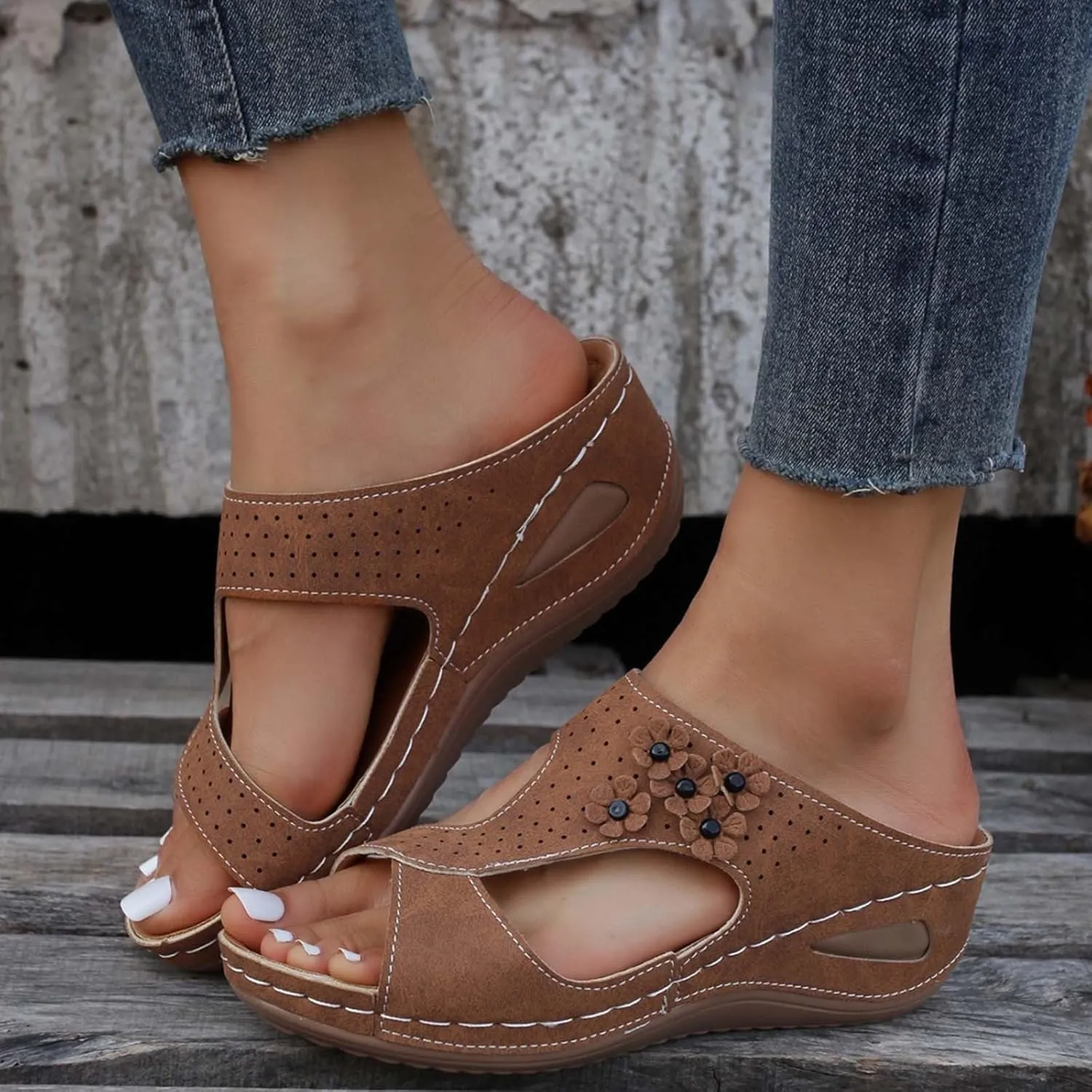 SuanlaTDS Wedge Sandals for Women Dressy Comfortable Summer Platform Slip On Slides Orthopedic Sandals with Arch Support Casual Beach Walking Shoes Open Toe Mid Heels Wedges Sandals