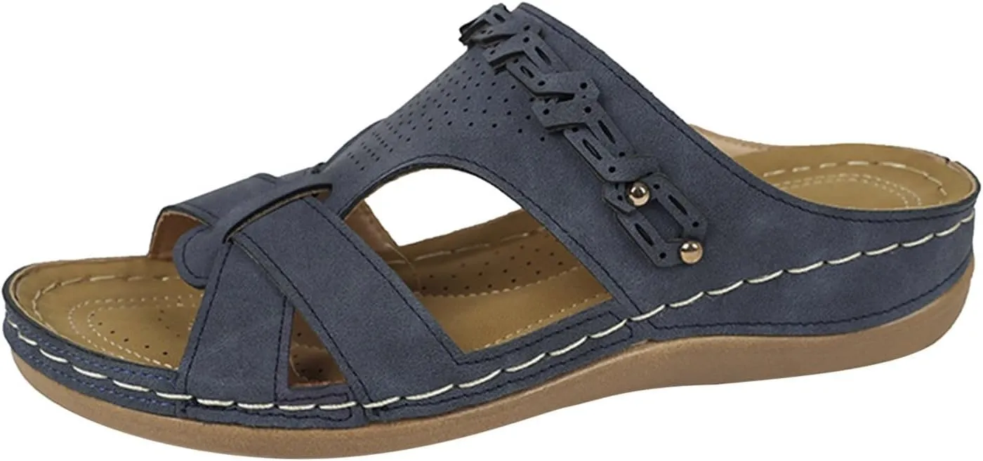 SuanlaTDS Wedge Sandals for Women Orthopedic Arch Support Dressy Summer Slip On Comfortable Platform Outdoor Party Elegant Low Heels Slides Open Toe Wedges Slide Sandal Walking Shoes