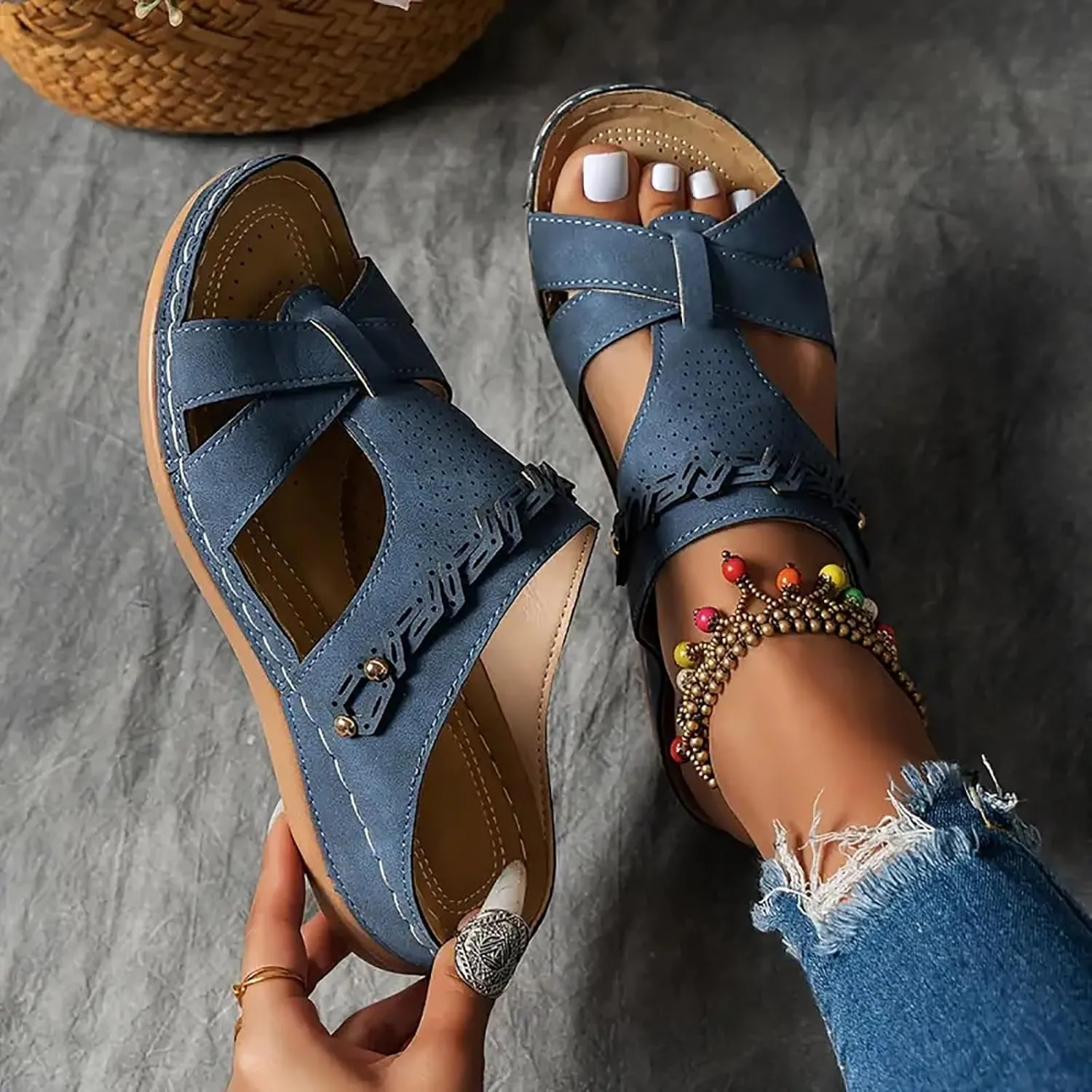 SuanlaTDS Wedge Sandals for Women Orthopedic Arch Support Dressy Summer Slip On Comfortable Platform Outdoor Party Elegant Low Heels Slides Open Toe Wedges Slide Sandal Walking Shoes