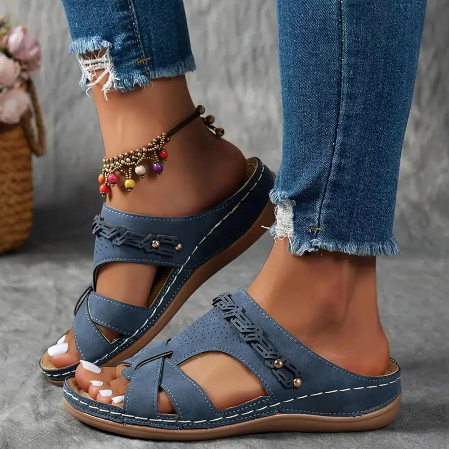 SuanlaTDS Wedge Sandals for Women Orthopedic Arch Support Dressy Summer Slip On Comfortable Platform Outdoor Party Elegant Low Heels Slides Open Toe Wedges Slide Sandal Walking Shoes