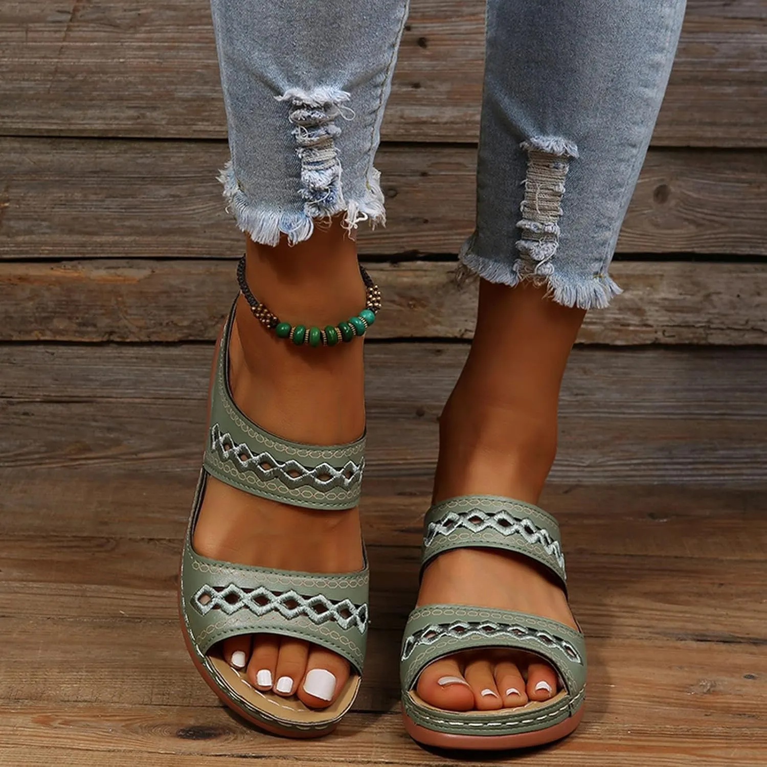 SuanlaTDS Womens Platform Sandals Comfortable Open Toe Slip on Wedges Slides Orthopedic Sandals with Arch Support Soft Sole Casual Summer Beach Low Heels Wedge Walking Sandals