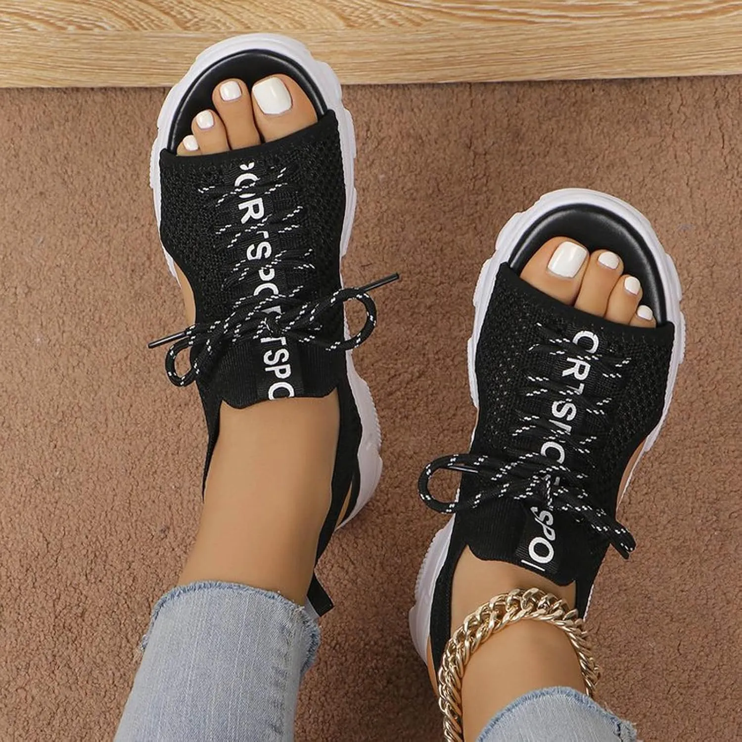 SuanlaTDS Women's Platform Sandals Wedge 2025 Summer Comfortable Casual Dressy Orthopedic Lace Up Open Toe Arch Support Low Wedges Beach Outdoor Walking Shoes Thick Sole Wedges Sandal