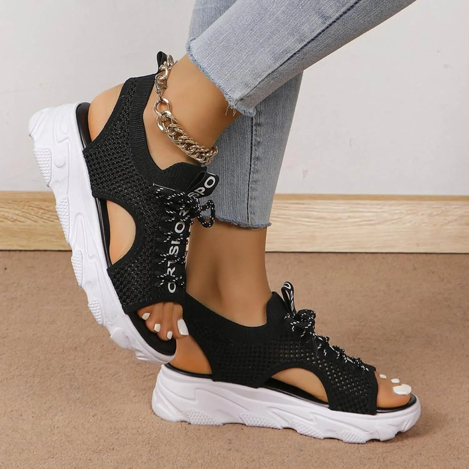 SuanlaTDS Women's Platform Sandals Wedge 2025 Summer Comfortable Casual Dressy Orthopedic Lace Up Open Toe Arch Support Low Wedges Beach Outdoor Walking Shoes Thick Sole Wedges Sandal