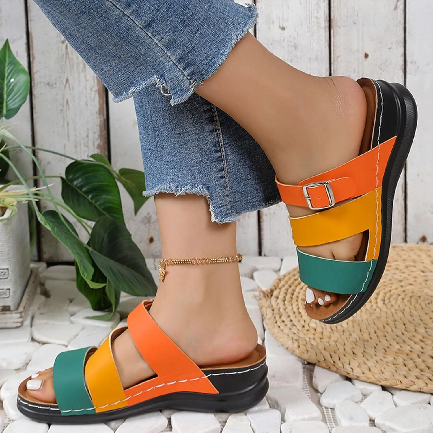SuanlaTDS Womens Sandals Comfortable Dressy Wedge Platform Slip On Low Heels Orthopedic Sandals with Arch Support Summer Beach Casual Open Toe Wedges Flat Slide Sandals Outdoor Shoes