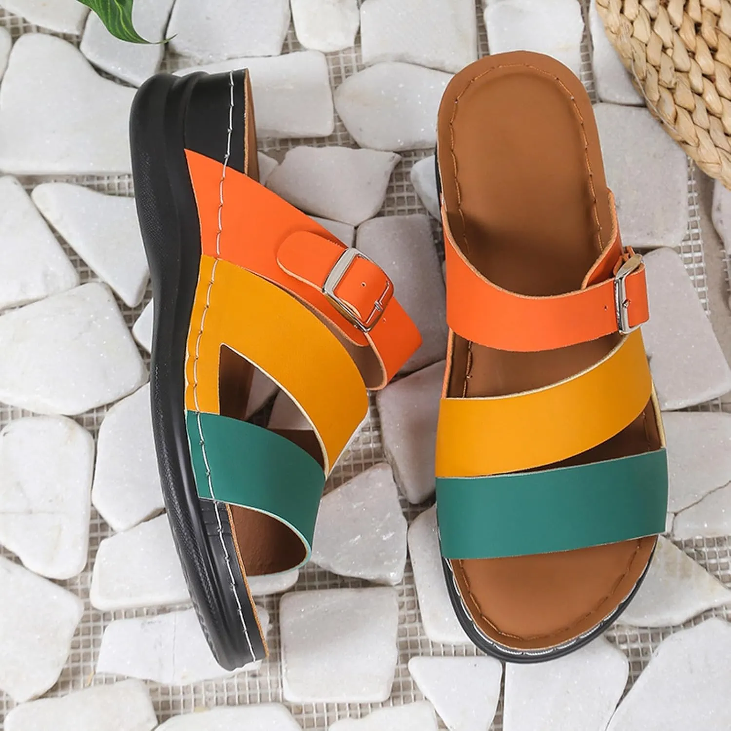 SuanlaTDS Womens Sandals Comfortable Dressy Wedge Platform Slip On Low Heels Orthopedic Sandals with Arch Support Summer Beach Casual Open Toe Wedges Flat Slide Sandals Outdoor Shoes