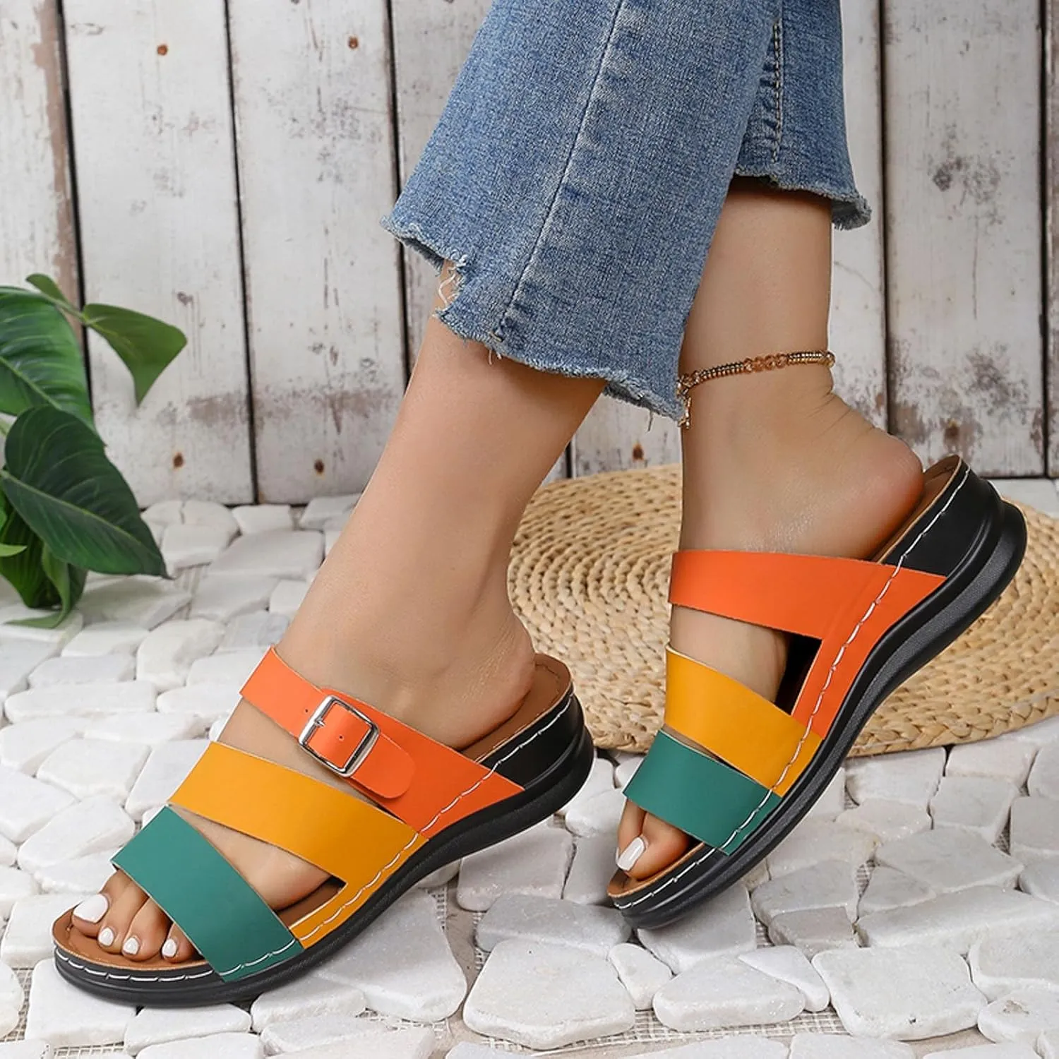 SuanlaTDS Womens Sandals Comfortable Dressy Wedge Platform Slip On Low Heels Orthopedic Sandals with Arch Support Summer Beach Casual Open Toe Wedges Flat Slide Sandals Outdoor Shoes