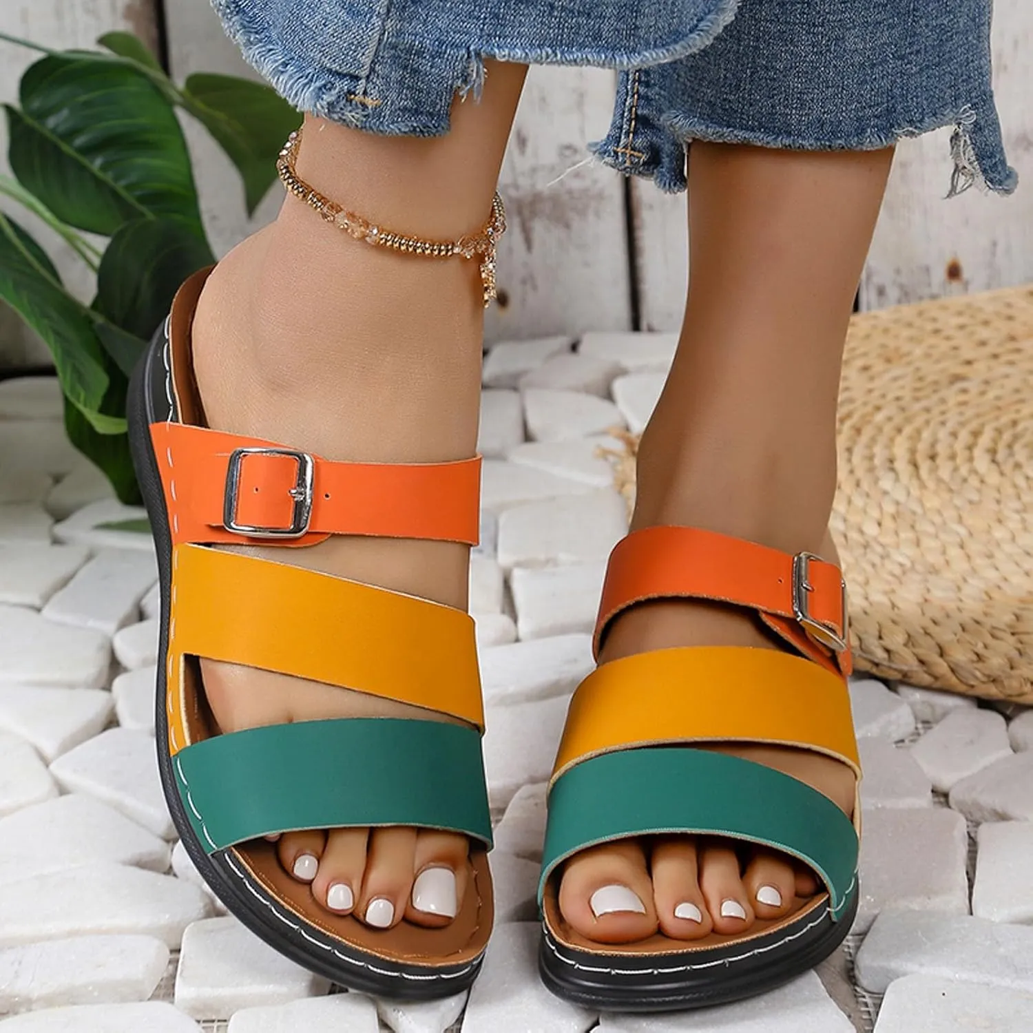 SuanlaTDS Womens Sandals Comfortable Dressy Wedge Platform Slip On Low Heels Orthopedic Sandals with Arch Support Summer Beach Casual Open Toe Wedges Flat Slide Sandals Outdoor Shoes