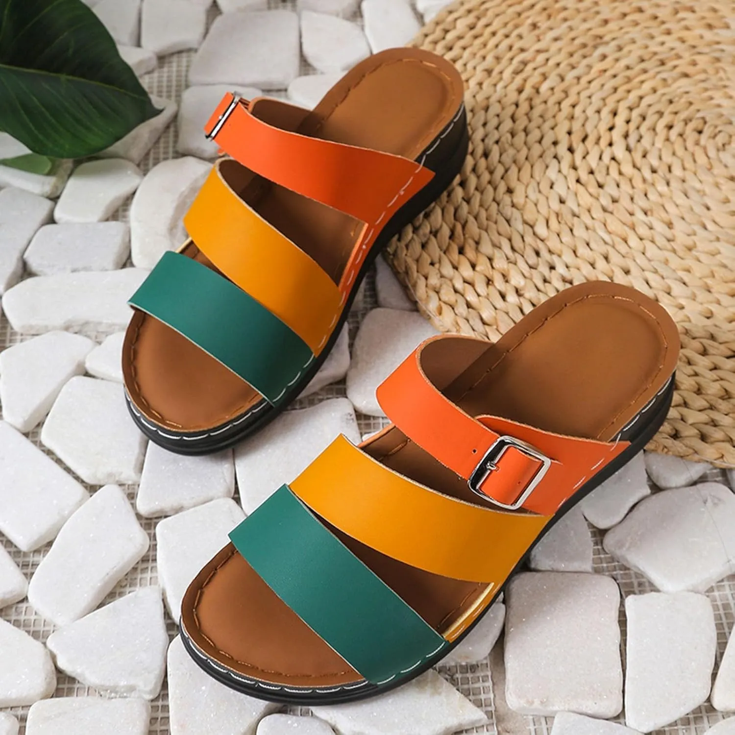 SuanlaTDS Womens Sandals Comfortable Dressy Wedge Platform Slip On Low Heels Orthopedic Sandals with Arch Support Summer Beach Casual Open Toe Wedges Flat Slide Sandals Outdoor Shoes