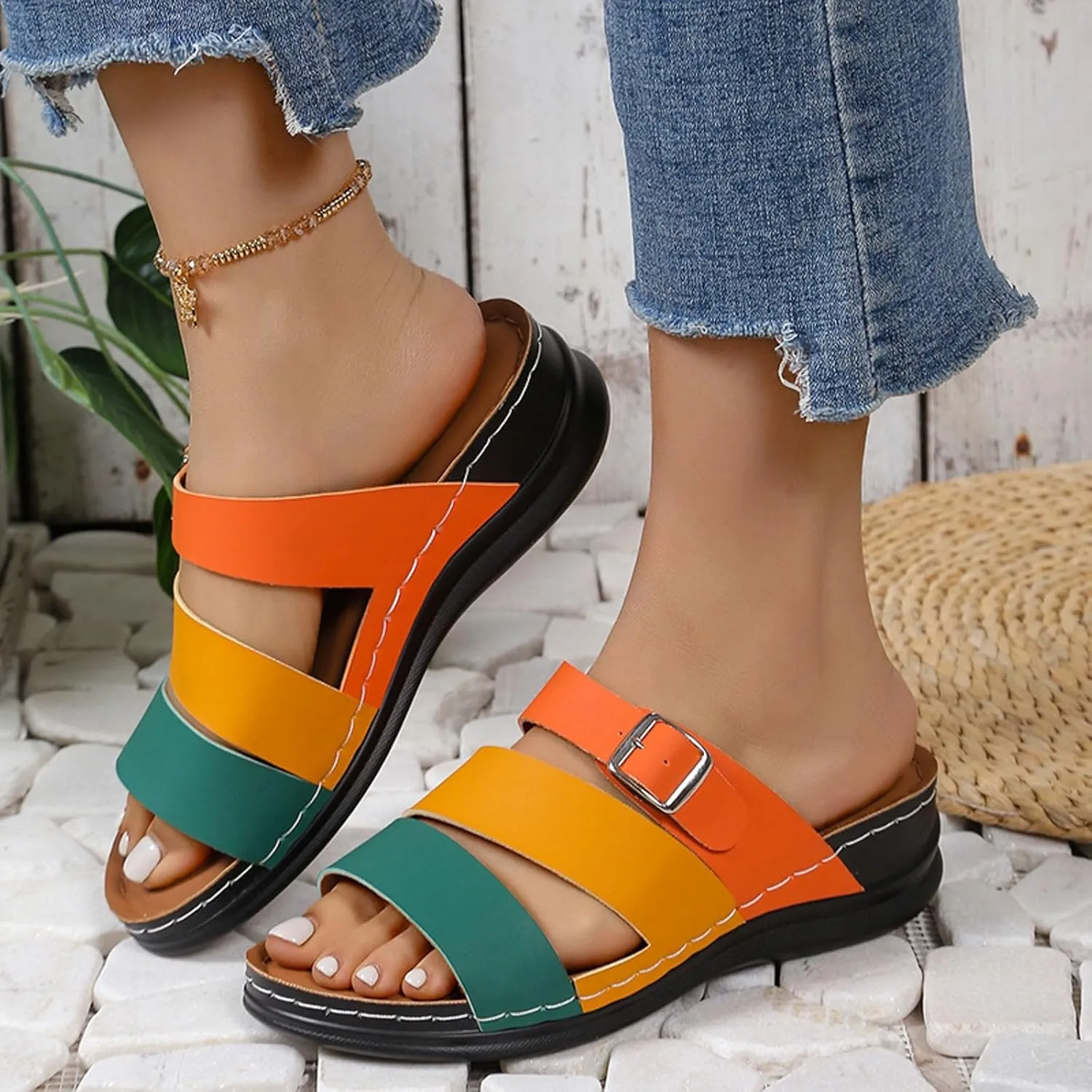 SuanlaTDS Womens Sandals Comfortable Dressy Wedge Platform Slip On Low Heels Orthopedic Sandals with Arch Support Summer Beach Casual Open Toe Wedges Flat Slide Sandals Outdoor Shoes