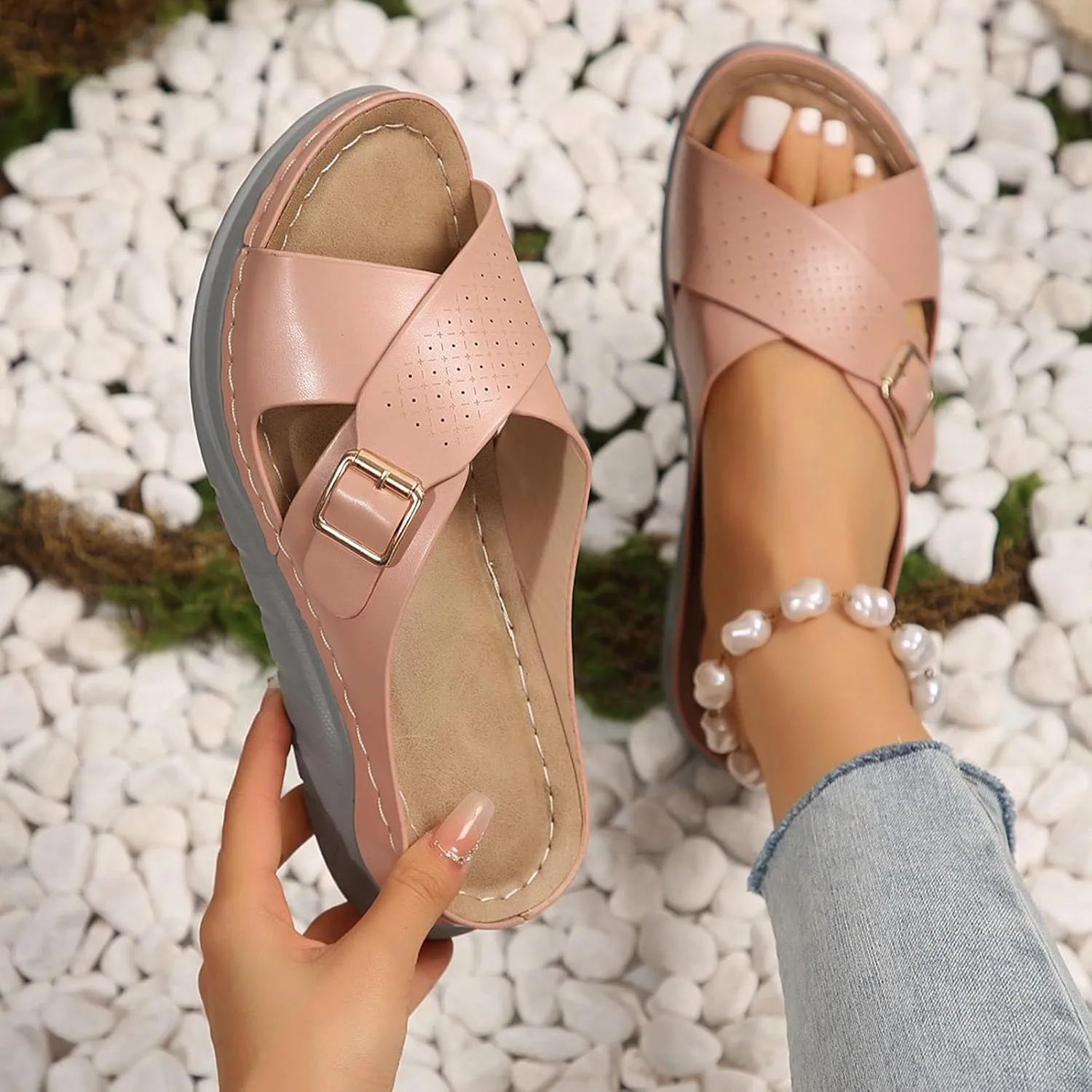 SuanlaTDS Womens Sandals Platform Wedge Summer Beach Comfortable Walking Shoes with Arch Support Open Toe Low Heels Wedges Slip On Slide Sandals Casual Outdoor Orthopedic Sandals Slippers
