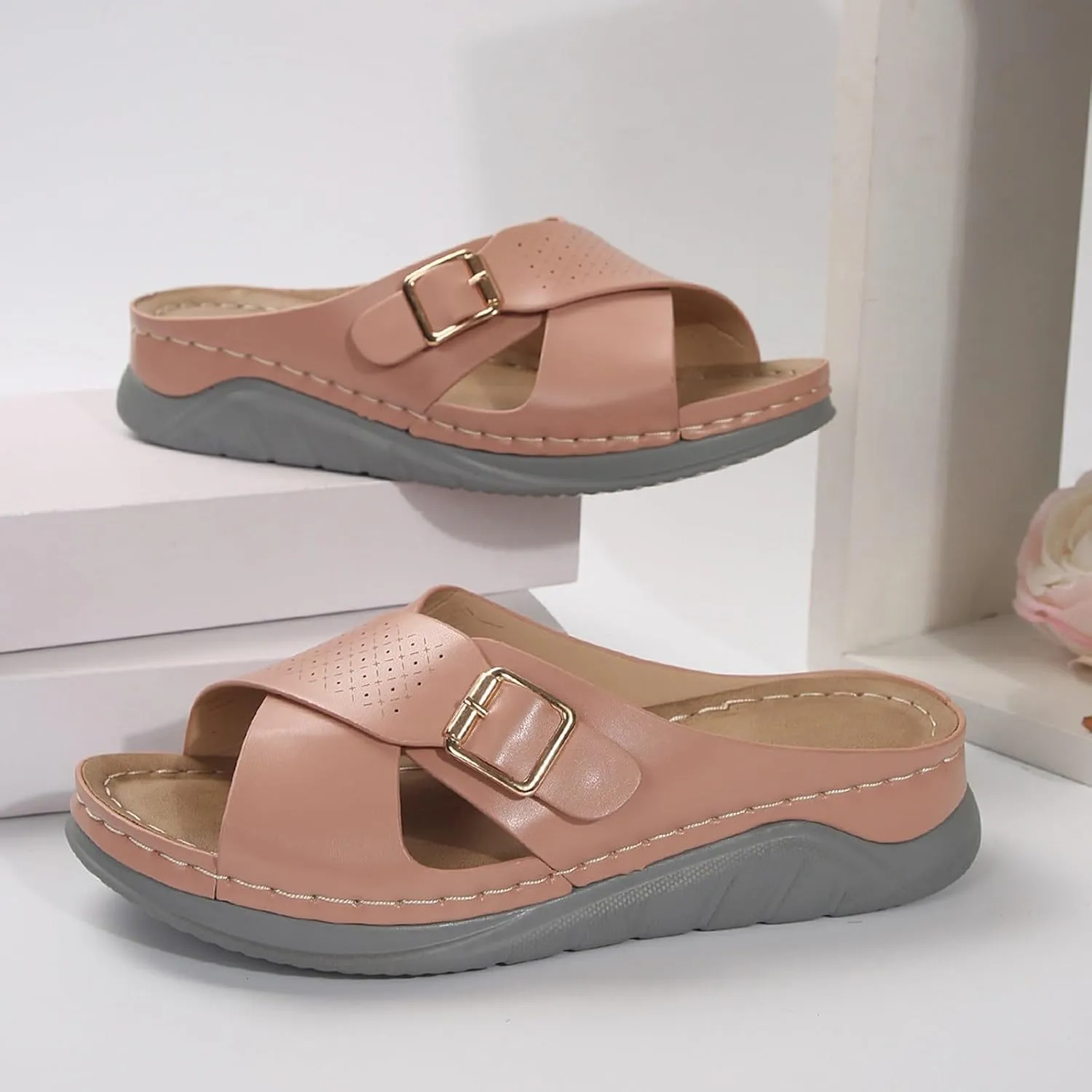 SuanlaTDS Womens Sandals Platform Wedge Summer Beach Comfortable Walking Shoes with Arch Support Open Toe Low Heels Wedges Slip On Slide Sandals Casual Outdoor Orthopedic Sandals Slippers