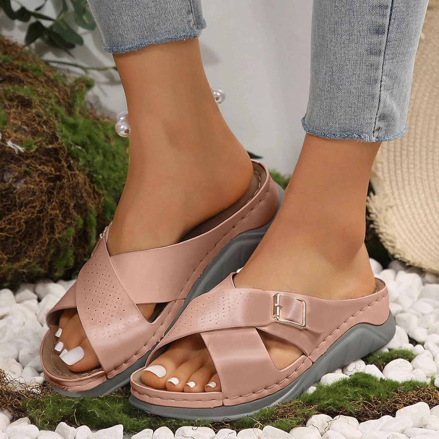 SuanlaTDS Womens Sandals Platform Wedge Summer Beach Comfortable Walking Shoes with Arch Support Open Toe Low Heels Wedges Slip On Slide Sandals Casual Outdoor Orthopedic Sandals Slippers