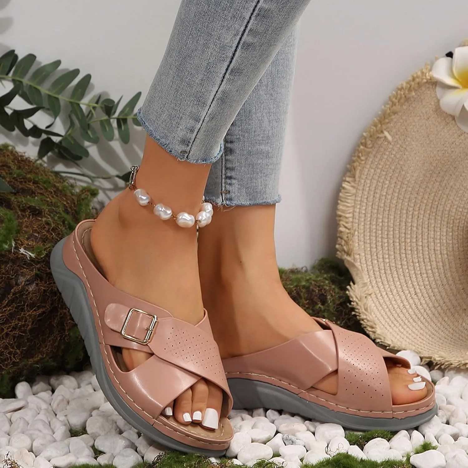 SuanlaTDS Womens Sandals Platform Wedge Summer Beach Comfortable Walking Shoes with Arch Support Open Toe Low Heels Wedges Slip On Slide Sandals Casual Outdoor Orthopedic Sandals Slippers