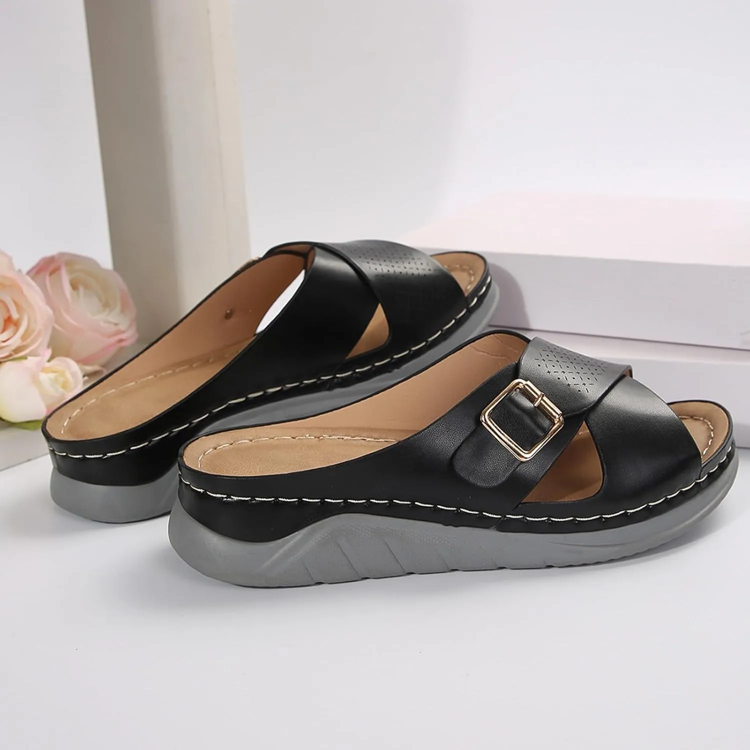 SuanlaTDS Womens Sandals Platform Wedge Summer Beach Comfortable Walking Shoes with Arch Support Open Toe Low Heels Wedges Slip On Slide Sandals Casual Outdoor Orthopedic Sandals Slippers