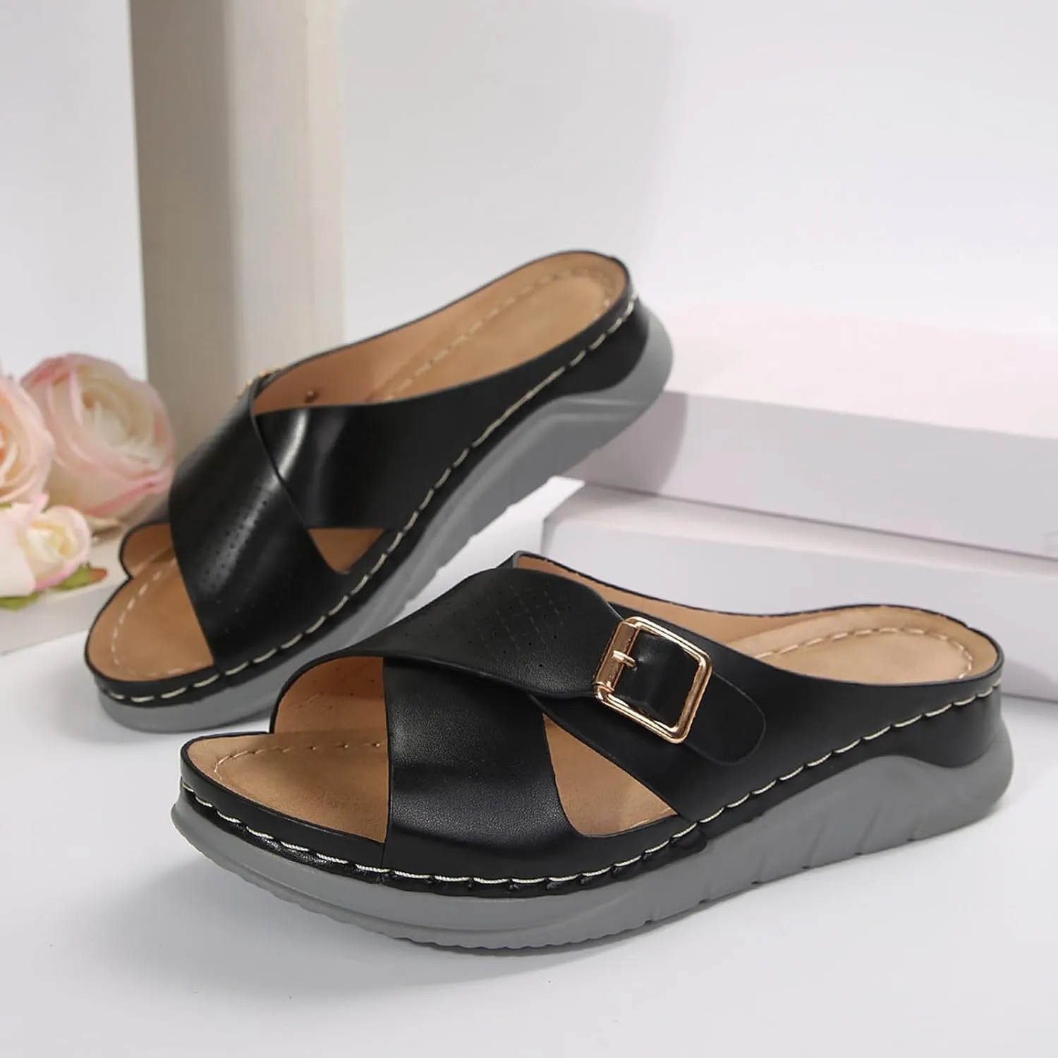 SuanlaTDS Womens Sandals Platform Wedge Summer Beach Comfortable Walking Shoes with Arch Support Open Toe Low Heels Wedges Slip On Slide Sandals Casual Outdoor Orthopedic Sandals Slippers