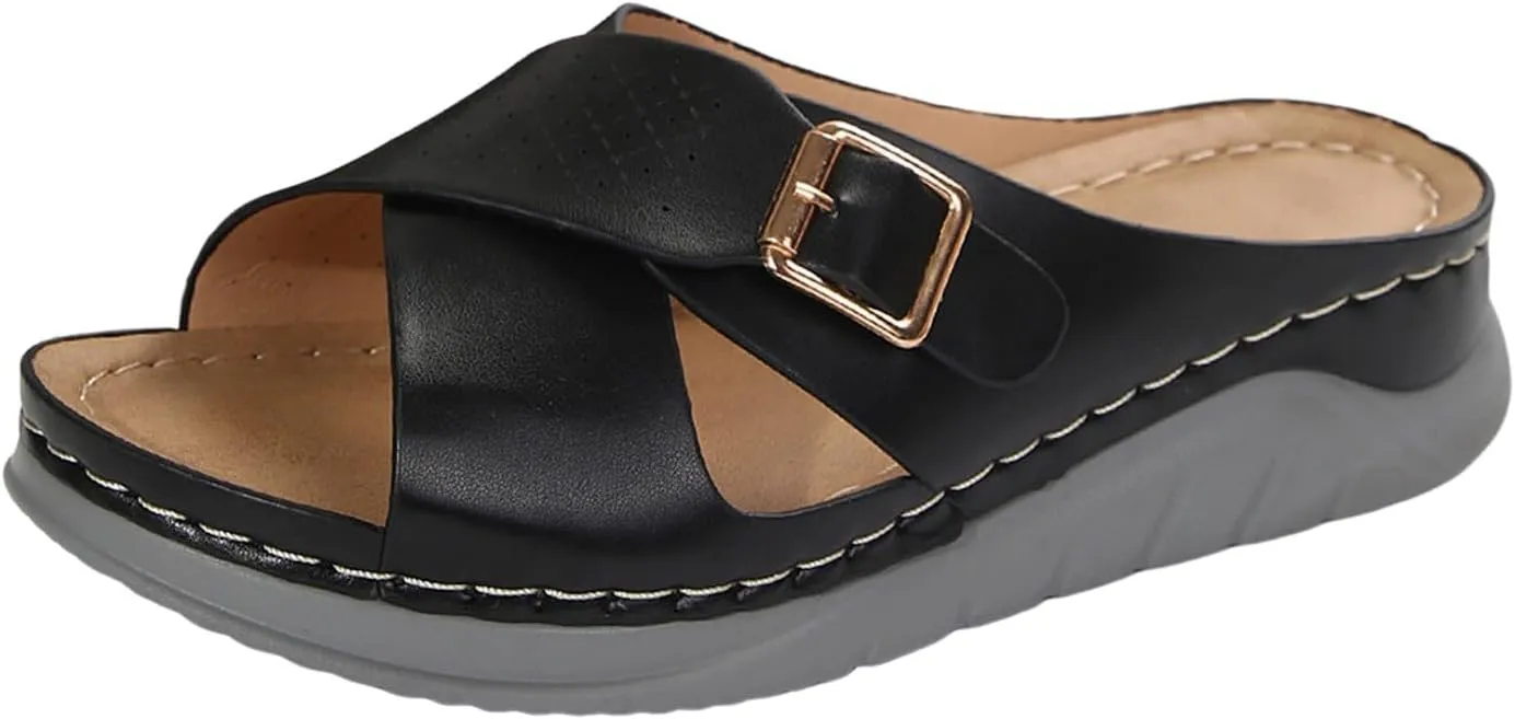SuanlaTDS Womens Sandals Platform Wedge Summer Beach Comfortable Walking Shoes with Arch Support Open Toe Low Heels Wedges Slip On Slide Sandals Casual Outdoor Orthopedic Sandals Slippers