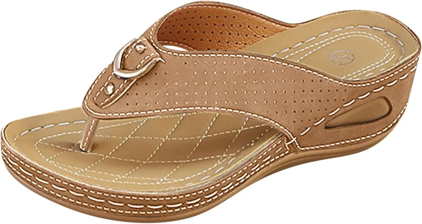 SuanlaTDS Women's Summer Wedge Sandals Orthopedic Flip Flops 2025 Platform Slides Comfortable Walking Shoes with Arch Support Bohemian Beach Wedding Dressy Outdoor Low Wedges Heel Slide Sandal