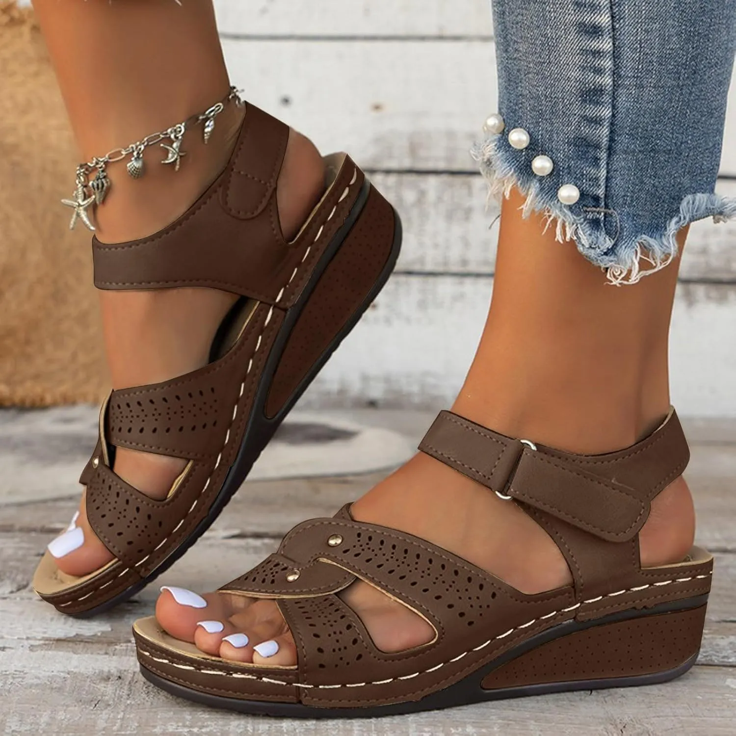 SuanlaTDS Women's Wedge Orthopedic Sandals with Arch Support 2025 Dressy Summer Platform Hook Loop Ankle Strap Crisscross Open Toe Comfortable Outdoor Walking Shoes Beach Sandal